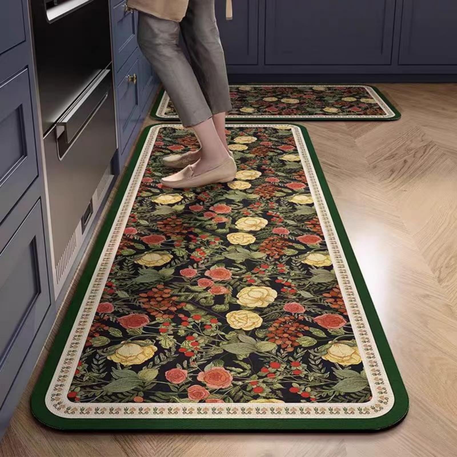 Tapis de cuisine anti-fatigue 50x160+50x80cm fleurs rouge jaune