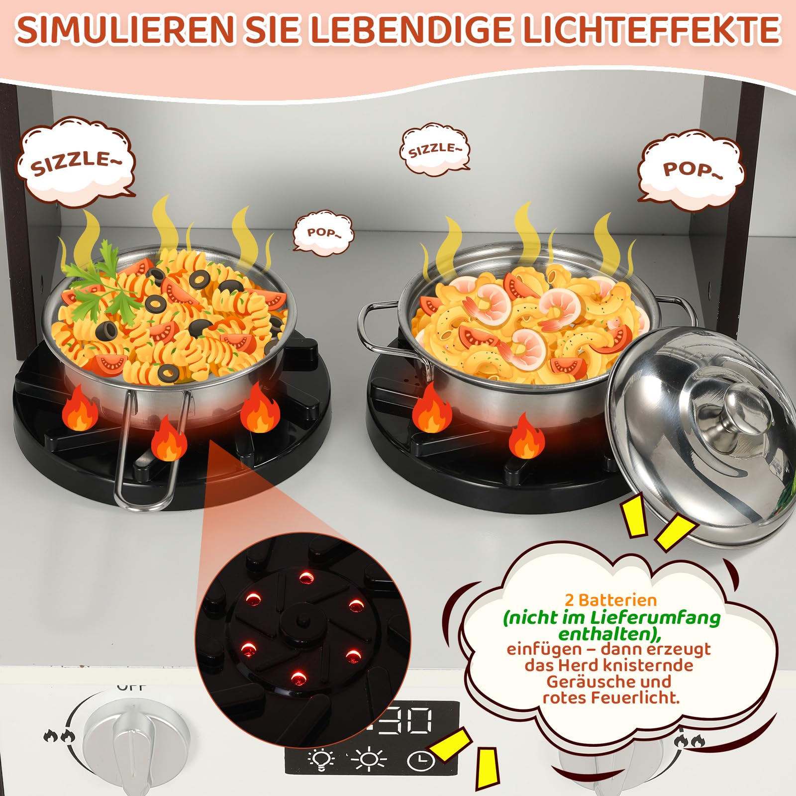 MAMIZO Kinderküche Holz, Spielküche mit Licht und Sound, Puppenküche Holz für Kinder, 90x30x90 cm kinderküchen, mit Küchenzubehör und 2PCS Aufbewahrungsboxen, Spielzeug für Kinder ab 3 Jahren, Braun