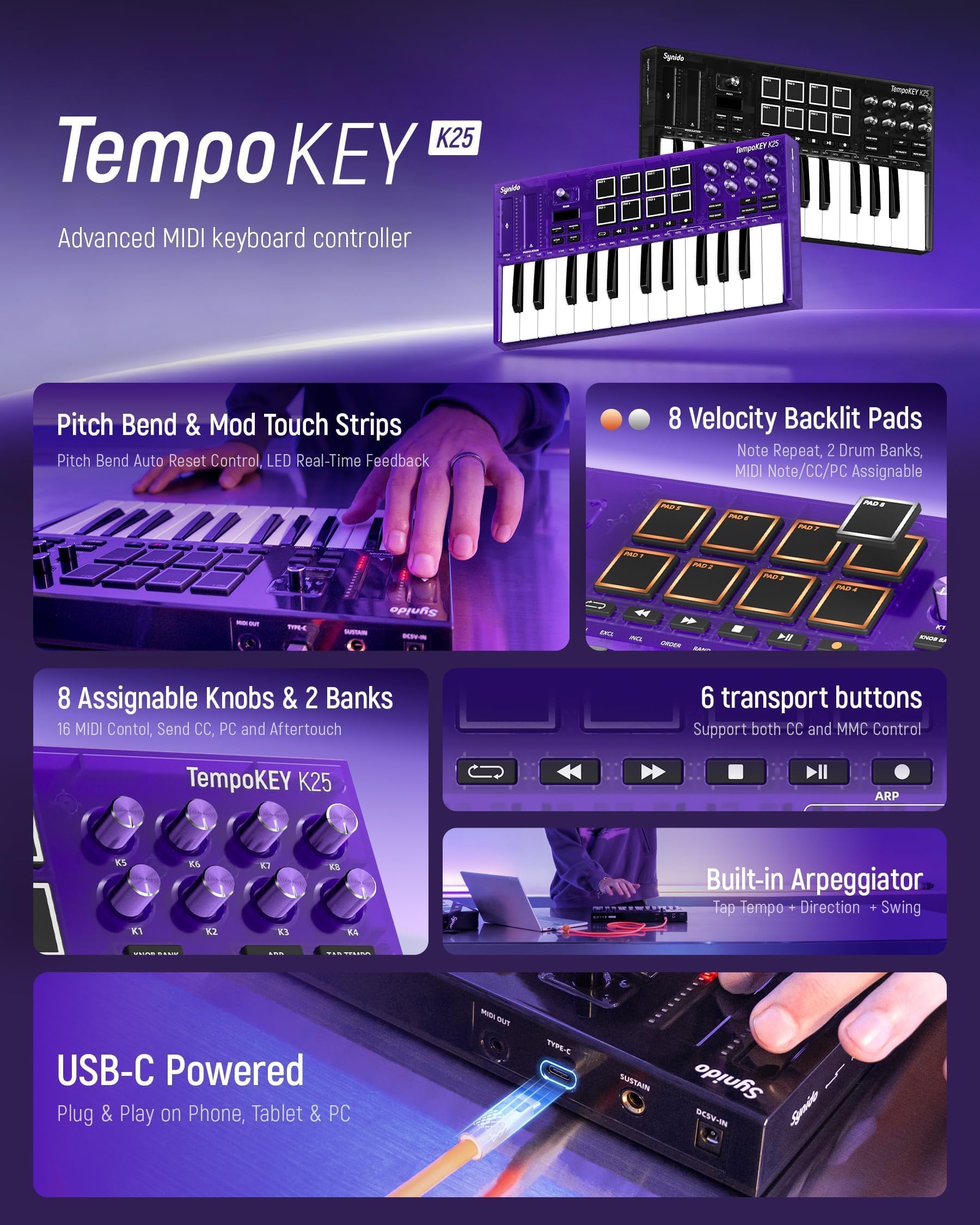 Synido Controlador de teclado MIDI Beat Maker, teclado MIDI de 25 teclas con almohadillas de batería, bolsa de transporte, pantalla OLED, teclado MIDI TempoKEY K25 USB-C con almohadilla de ritmo para