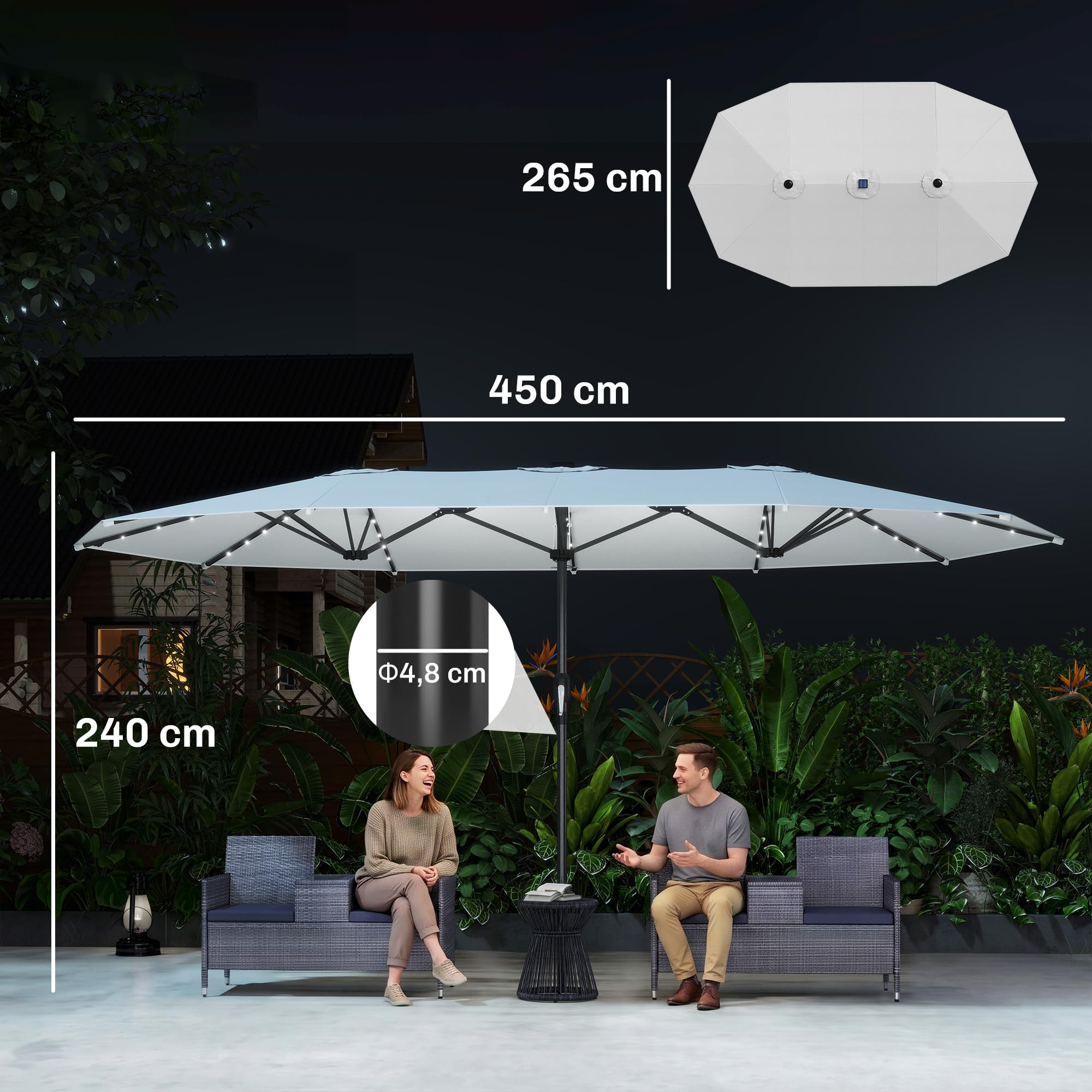 Outsunny Sombrilla Doble 4,5x2,7 m con 48 Luces LED Manivela | Sombrilla Terraza Exterior, Resistente al Agua y Protección Solar, Parasol para Jardín, Terraza, Patio y Piscina, Grandes