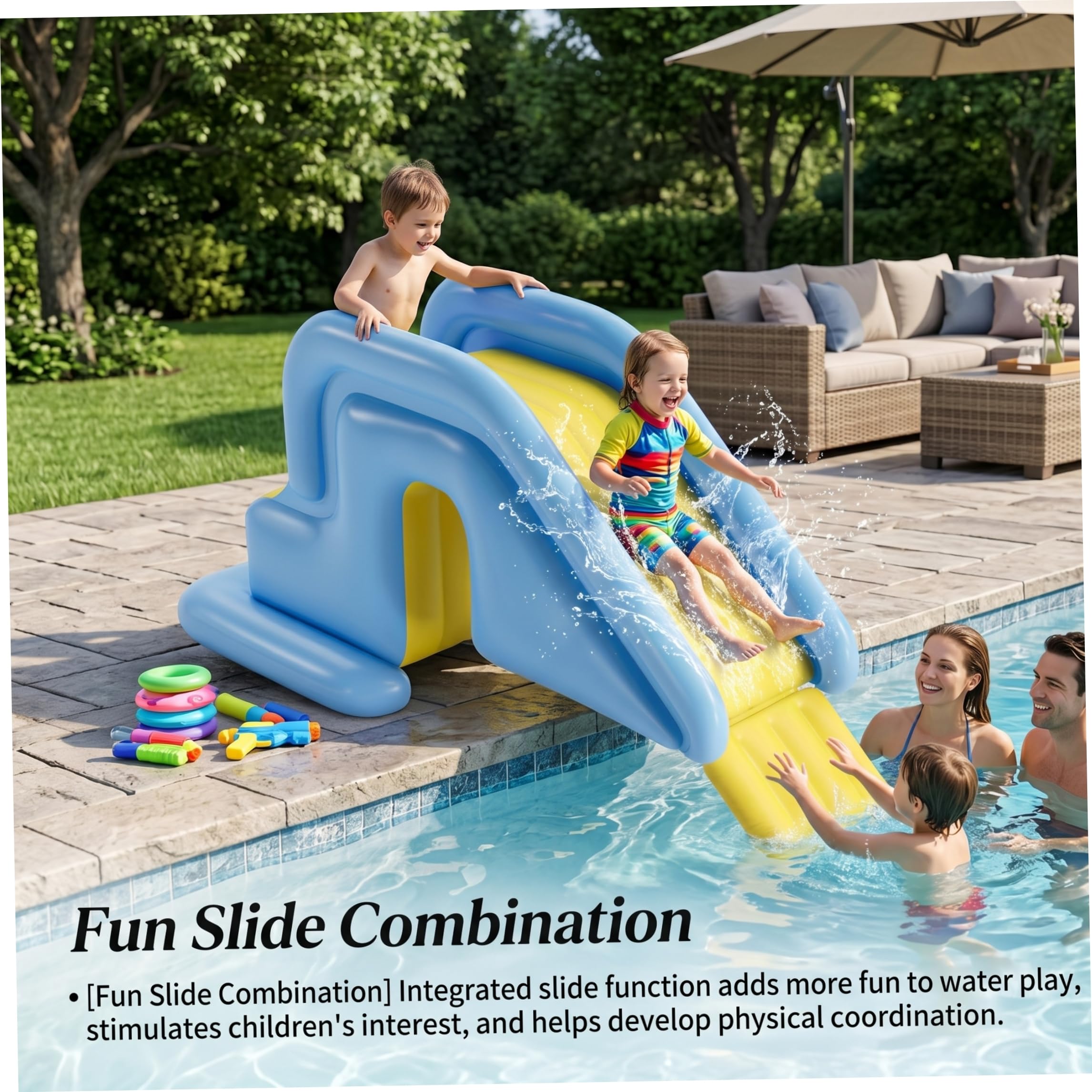 Toboggan de Piscine Gonflable, Toboggan de Piscine Bleu Clair avec Pompe à Pied - Installation et Stockage faciles l'eau Gonflable pour Le Plaisir intérieur et extérieur, la Natation