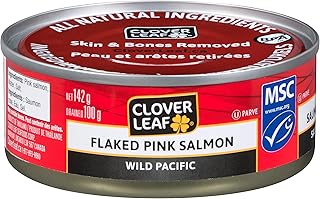 Clover Leaf Flaked Pink Salmon Wild Pacific - 142g, 24 Count - Canned Salmon – Skin & Bones Removed – High in Protein - 12g of Protein Per 55g Serving Drained – Source of Omega-3, Vitamin D & Iron