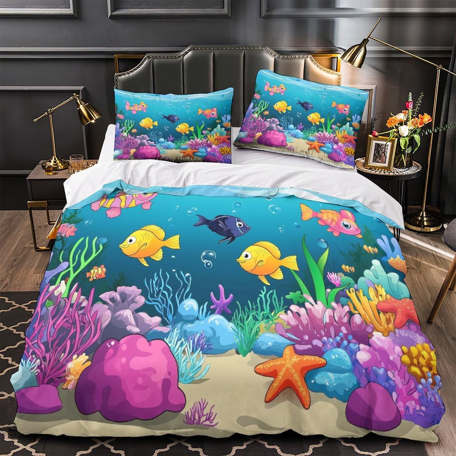 Housse de couette imprimé 3D scène sous-marine en microfine respirante 3 pièces