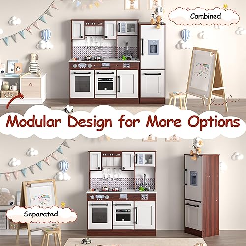 Miniatura 2 de Juego de cocina para niños de 2 piezas, juego de cocina de madera para niños pequeños, cocina modular con horno de estufa de luz y sonido, juguete