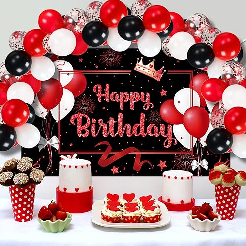 Miniatura 4 de 81 piezas de decoración de fiesta de cumpleaños rojo y negro, pancarta grande roja de feliz cumpleaños y 80 piezas de 12 pulgadas, kit de guirnalda