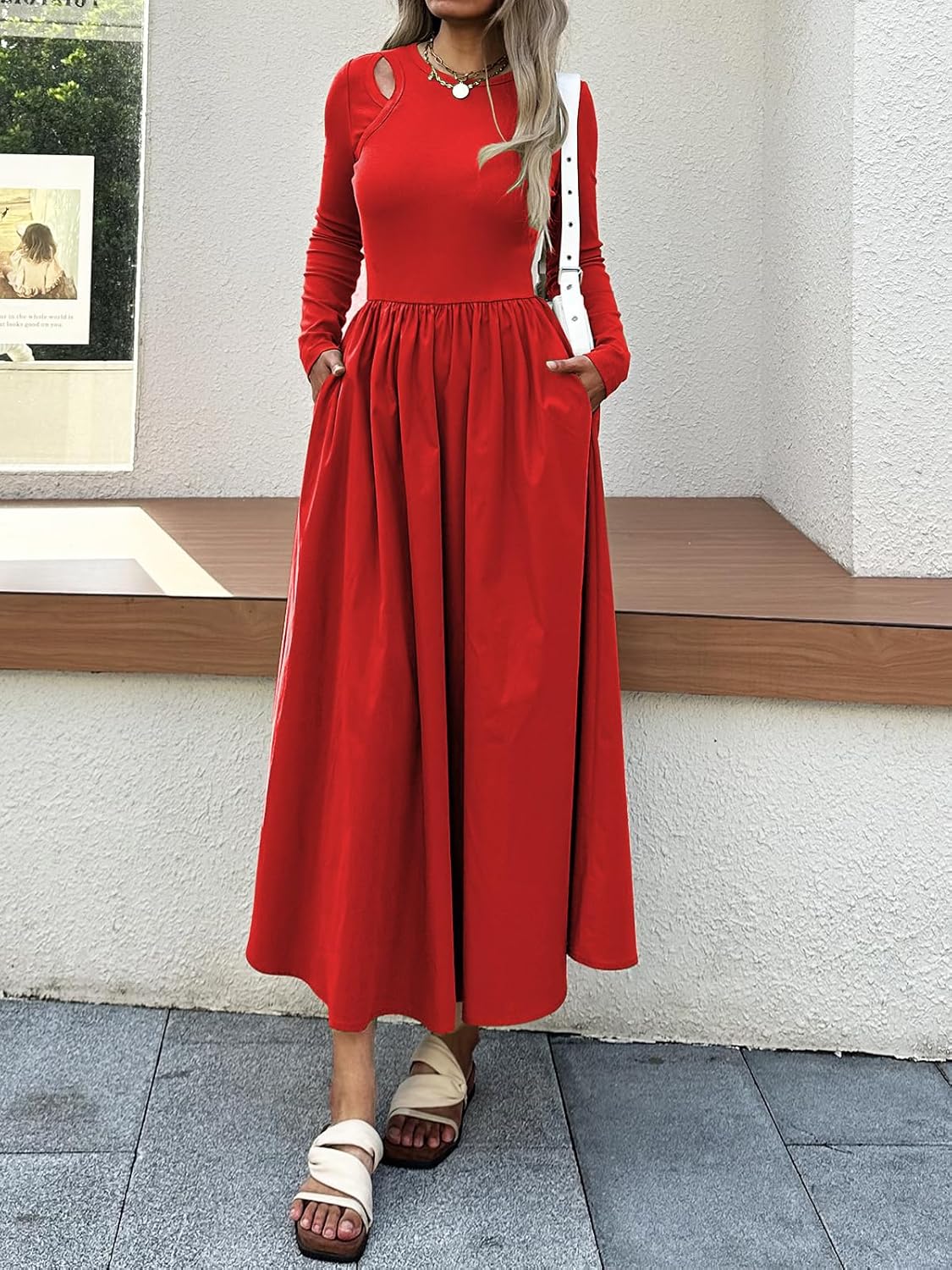Women’s Maxi Dress with Pockets, Long Sleeve A-Line Flowy Full Length Dress Cutout Shoulder, Elegant Casual Outfit - Image 5