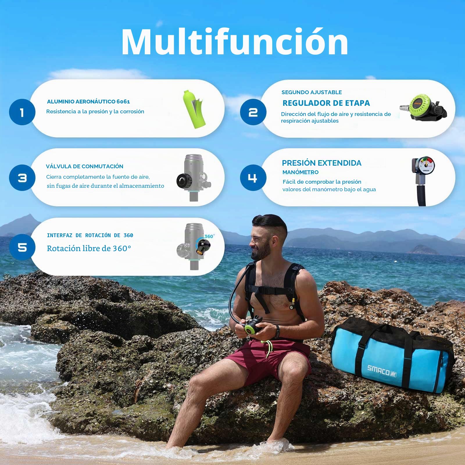 SMACO S700 Plus Mini Botella de Buceo 2 litros Portatil Bombona de Buceo para Respiración Subacuática Pequeñas Botella Submarinismo Tanque de Buceo Recargable para Viajes Nadar Rescate