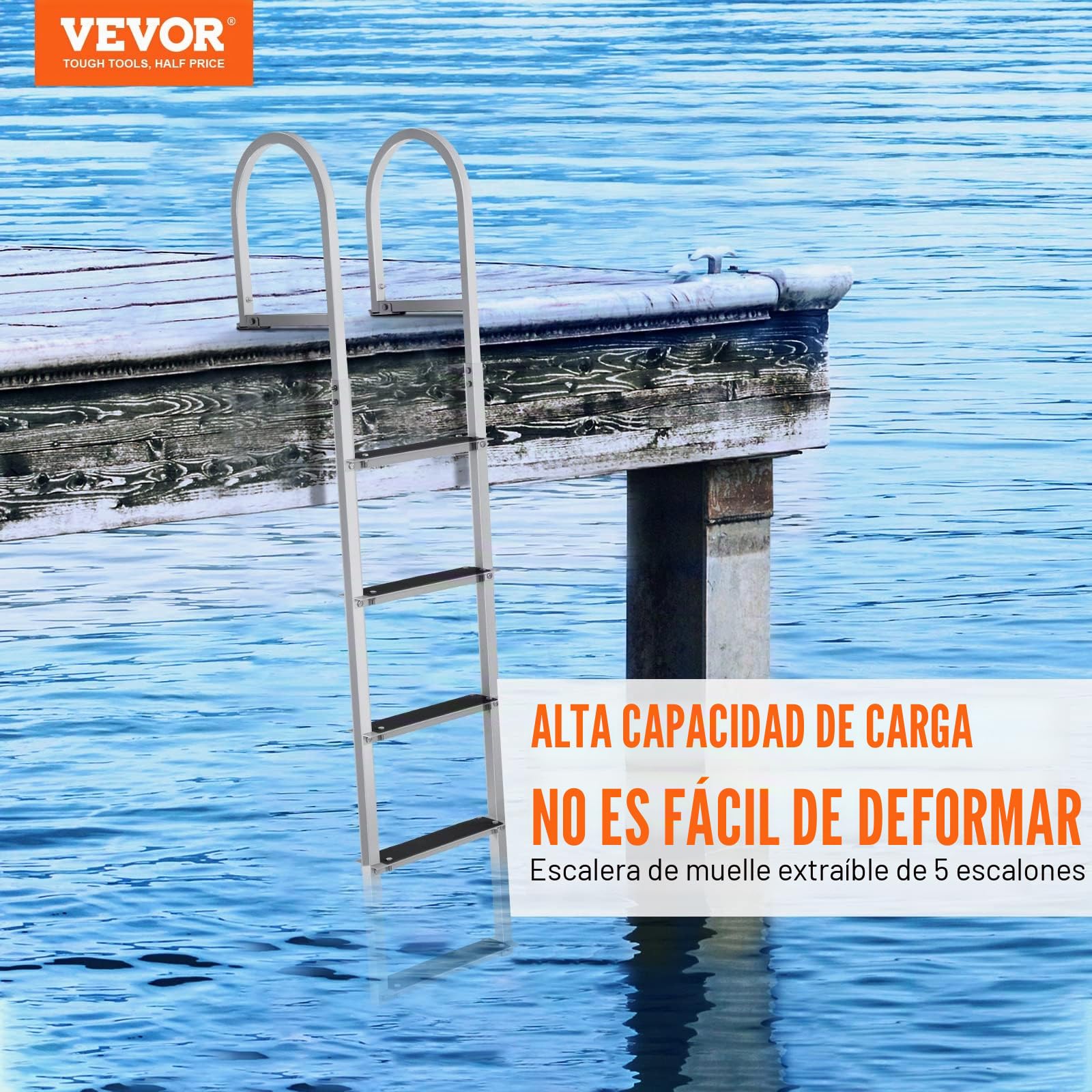 VEVOR Escalera de Muelle 5 Escalones Extraíbles Escalera de Pontón de Aleación de Aluminio Carga de 226 kg Escalón de 78 mm Pedales Antideslizantes para Embarque en Barco, Lago, Piscina