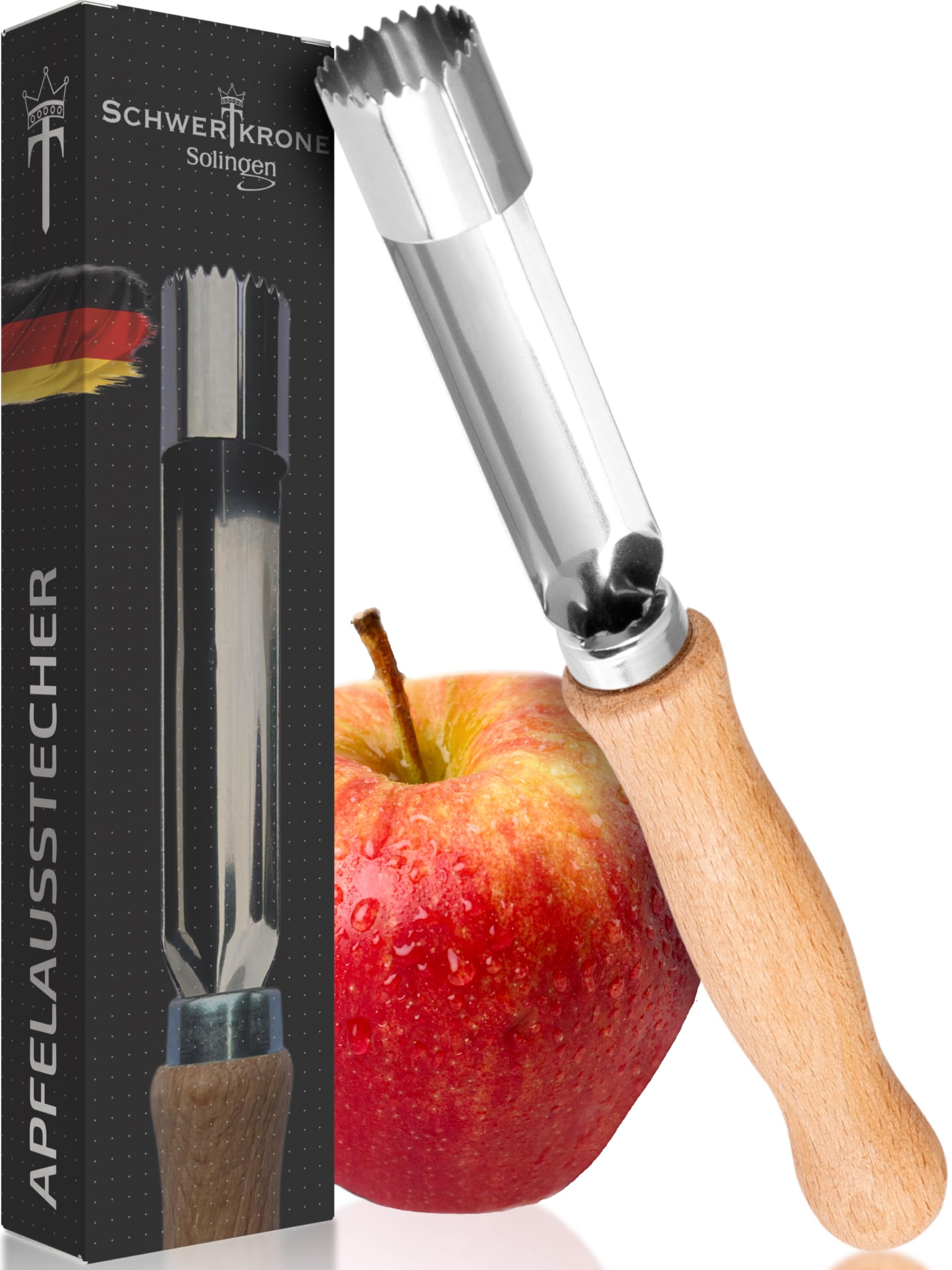 SCHWERTKRONE® Vide Pomme [MADE IN GERMANY] - Éplucheur de Pommes de Haute Qualité pour Enlever les Pépins - Vide Pomme Enleve Trognon - Evideur & Denoyauteur Pomme - Bois de Hêtre