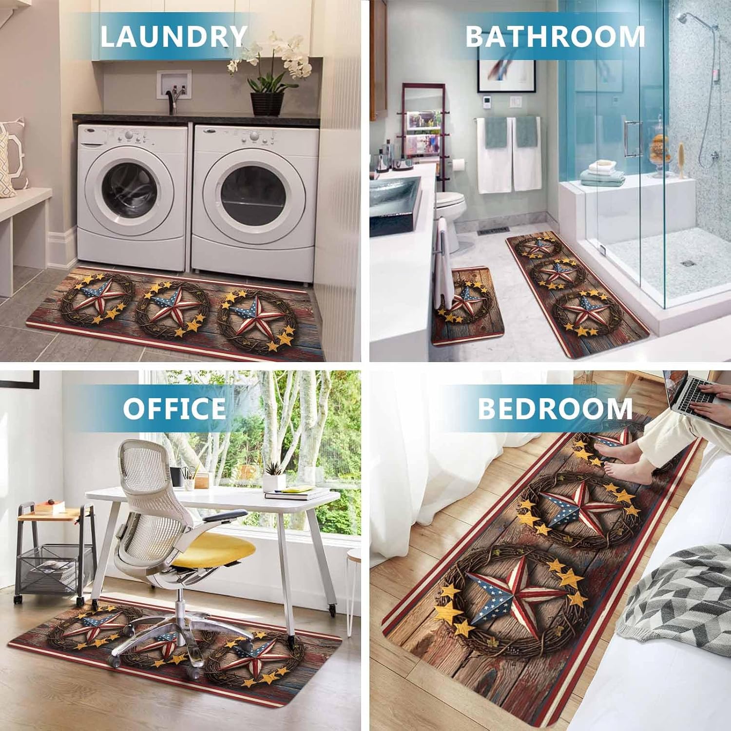 Prime Leader 4th of July Kitchen Mat Set 2 Pieces Patriotic USA Flag Star Wreath of Vines Wood Grain Non Slip Kitchen Rugs Washable Runner Rug Mats for Sink Laundry (15.7" x 23.6"+15.7" x 47.2")