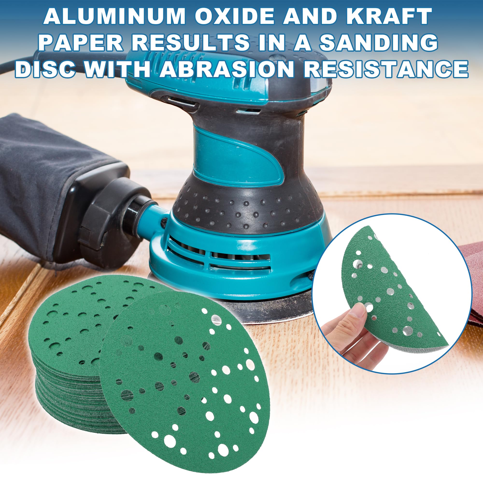 A ABSOPRO Sanding Discs 6 Inch 49 Hole 80 Grit Round Hook and Loop Sandpaper Aluminum Oxide Green 50pcs, 6" - Image 2