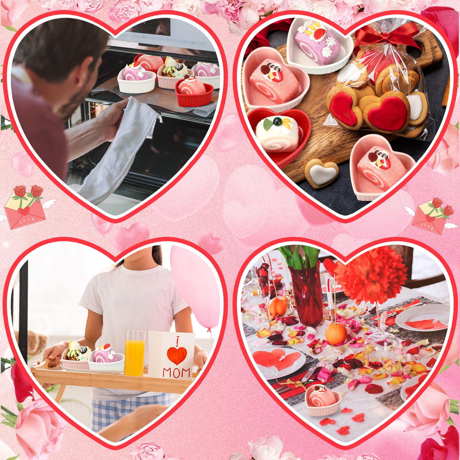 Ramequines de cerámica con forma de corazón para el día de San Valentín, 6 onzas, aptos para horno, platos de crema brulee, cuencos pequeños para hornear, para cocina, fiesta, aperitivos, servir,