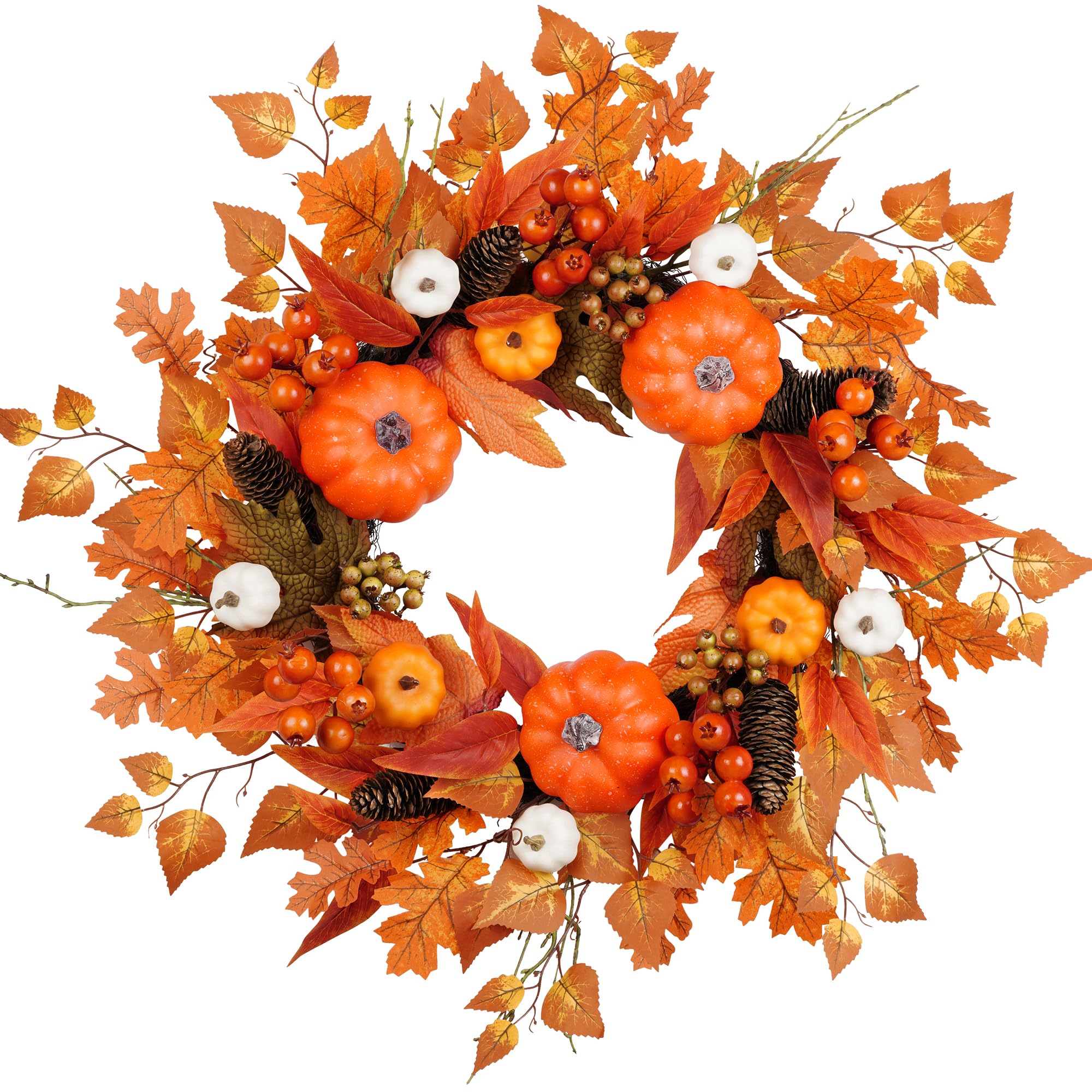 COLORSPEC Autumn Maple Pumpkin Wreath, 61cm/24in Large Artificial Autumn Wreaths Decorations with Pine Cone and Berries for Wall Indoor Outdoor, Autumn Wreath for Home Halloween Thanksgiving Decor