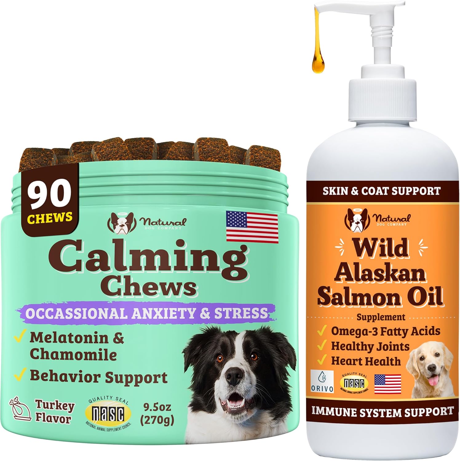 Natural Dog Company Salmon Oil & Calming Chews Bundle for Dogs – Omega 3 Skin & Coat Support + Stress Relief – 8 oz Bottle + 90 Ct Chews