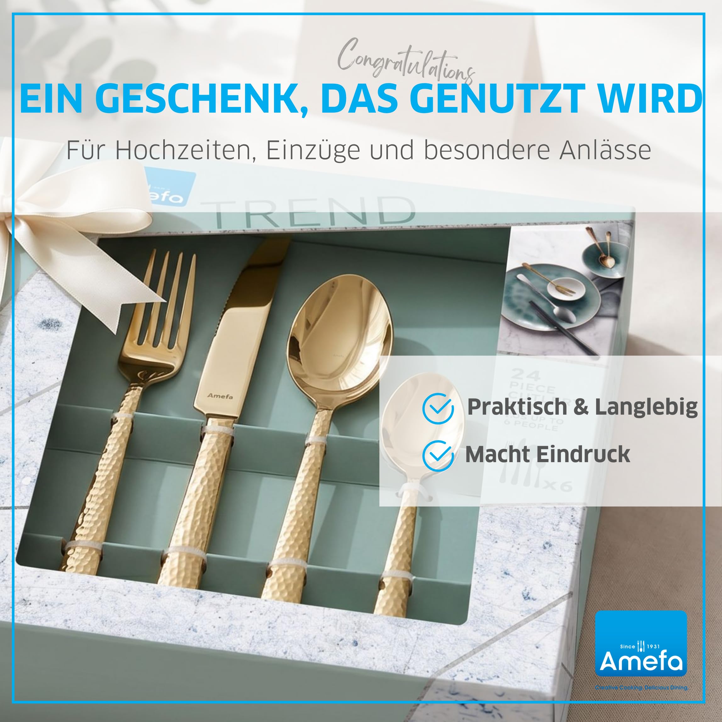 Amefa FELICITY Besteckset 30-teilig Edelstahl, Hochwertiges Besteck Set für 6 Personen, Gehämmert, Essbesteck im Hammerschlag-Design, Edelstahlbesteck