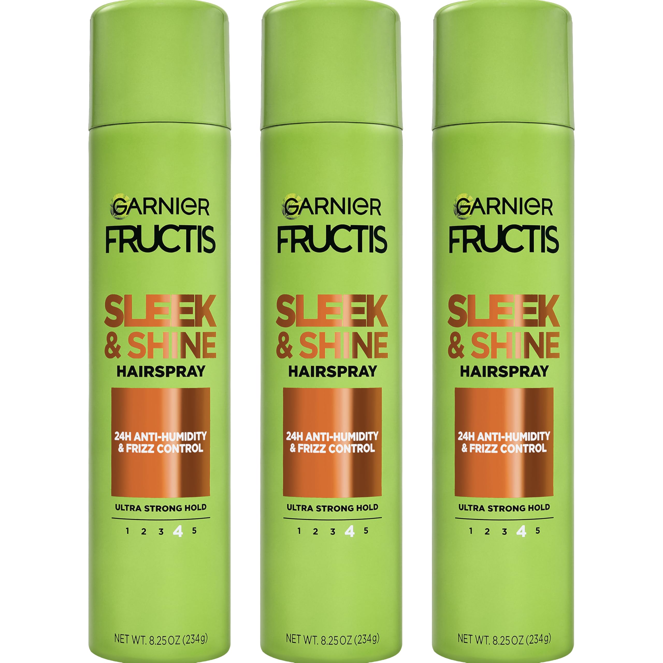 Garnier Fructis Sleek & Shine Hairspray, Provides 24-Hour Anti-Humidity and Frizz Control, Extra Strong Hold, Infused with Bamboo Extract for Ultra-Smooth Hair, 8.25 oz, 3 Count (Packaging May Vary) Fruity 8.25 Ounce (Pack of 3)