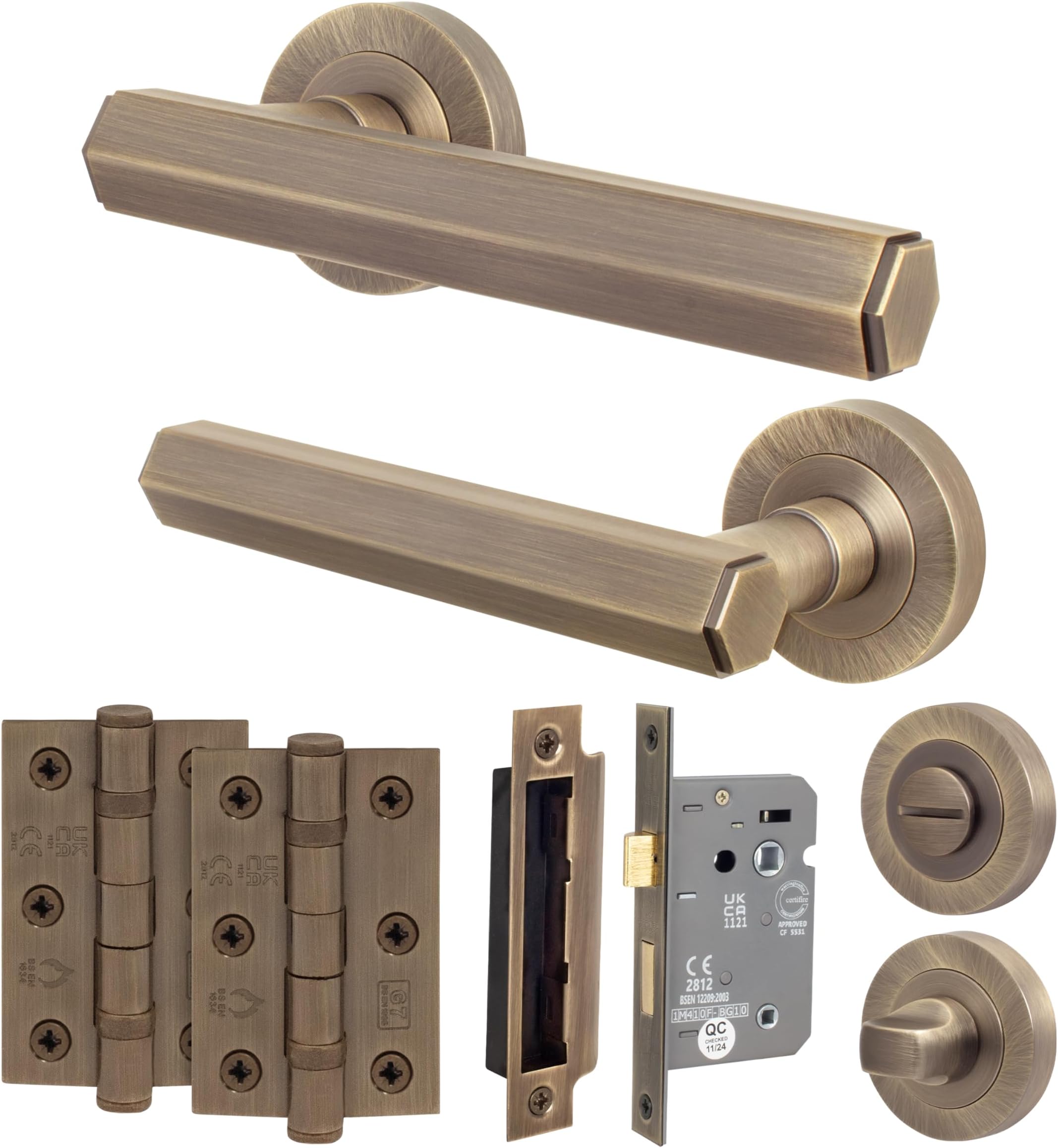 Antique Brass Door Handle Bathroom Set, Internal Door Handle with 64mm Bathroom Lock and 76mm Hinges, Madre Range 1 Pack