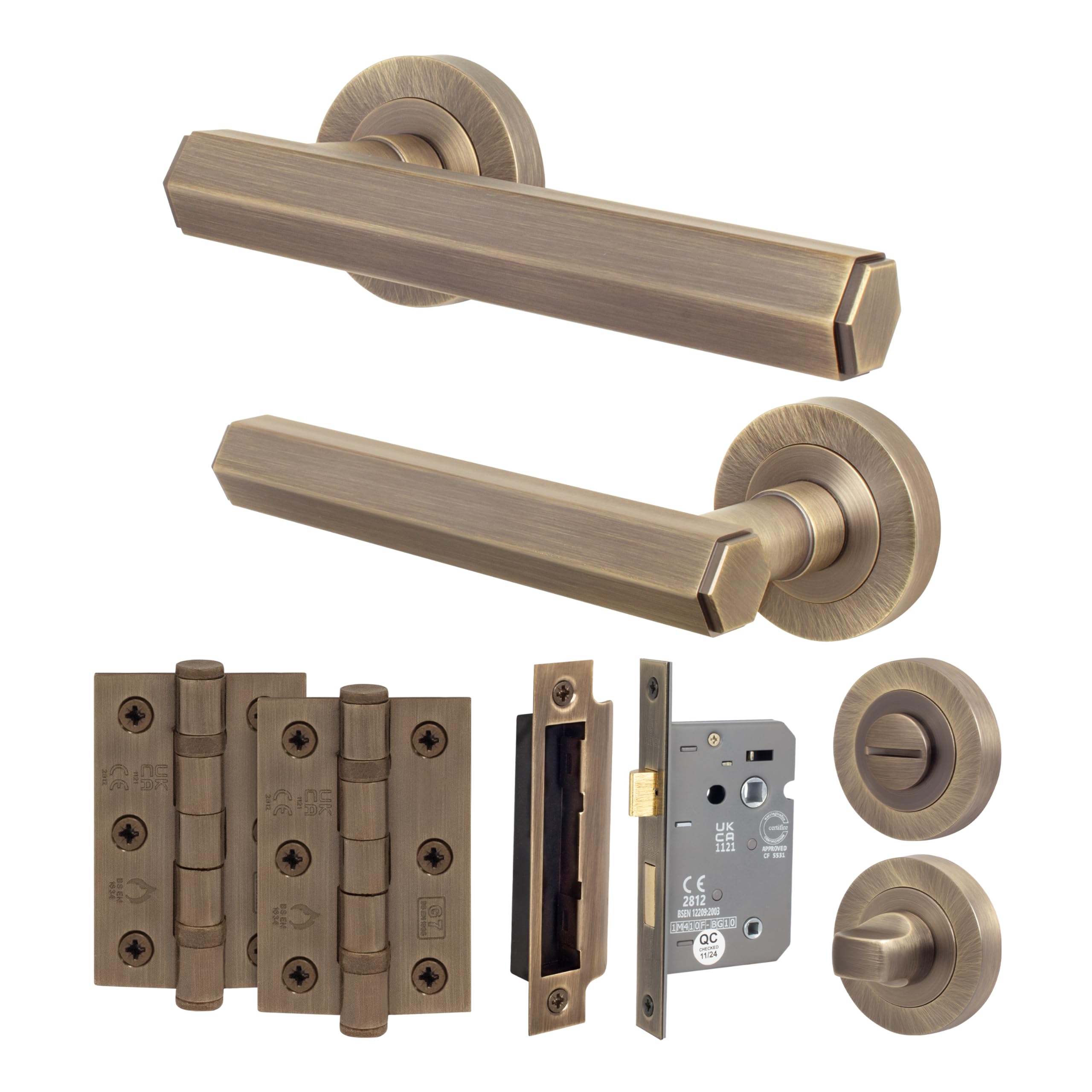 Antique Brass Door Handle Bathroom Set, Internal Door Handle with 64mm Bathroom Lock and 76mm Hinges, Madre Range 1 Pack