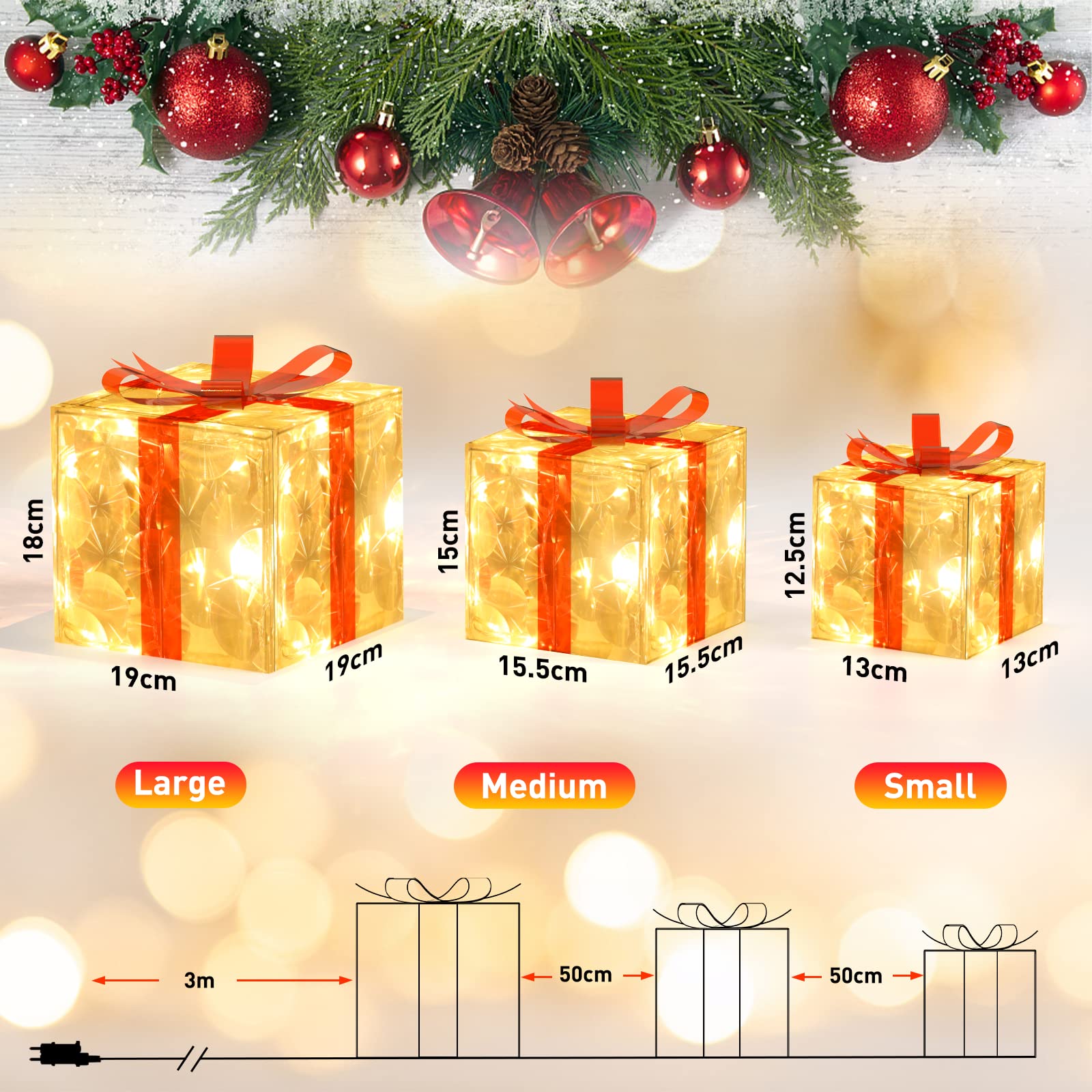 3er Set LED Geschenkbox, Weihnachtsdeko mit 60 warmweiß LEDs innen Strom, PVC Wasserdicht Weihnachtenbox Beleuchtete außen mit Schleife