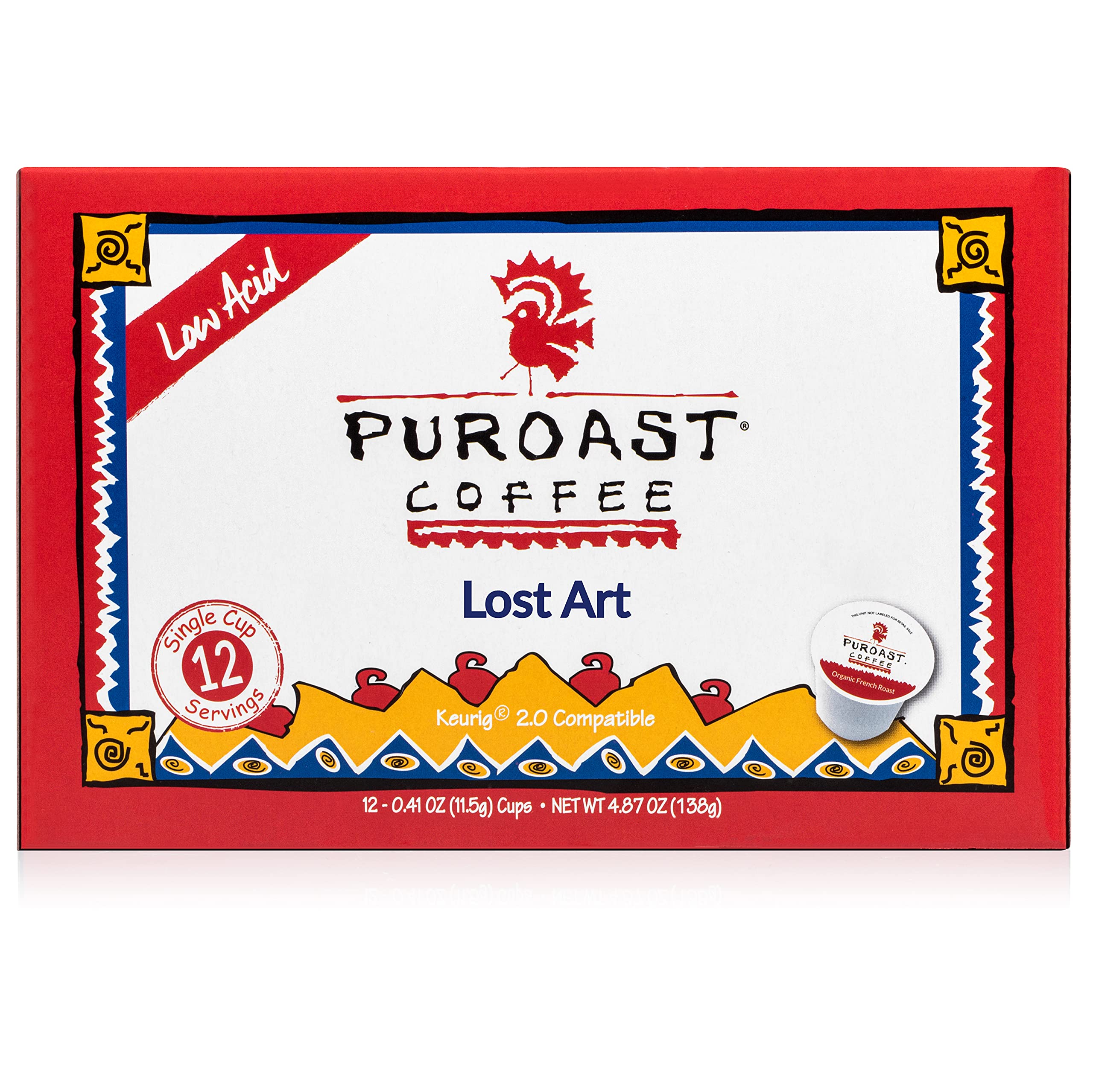 Puroast Low Acid Coffee| Lost Art Single Serve Pods | Medium Roast | High Antioxidants & High pH |No Bitter Aftertaste | Reduced Heartburn & GERD Friendly | 12 Count - Compatible with Keurig Brewer