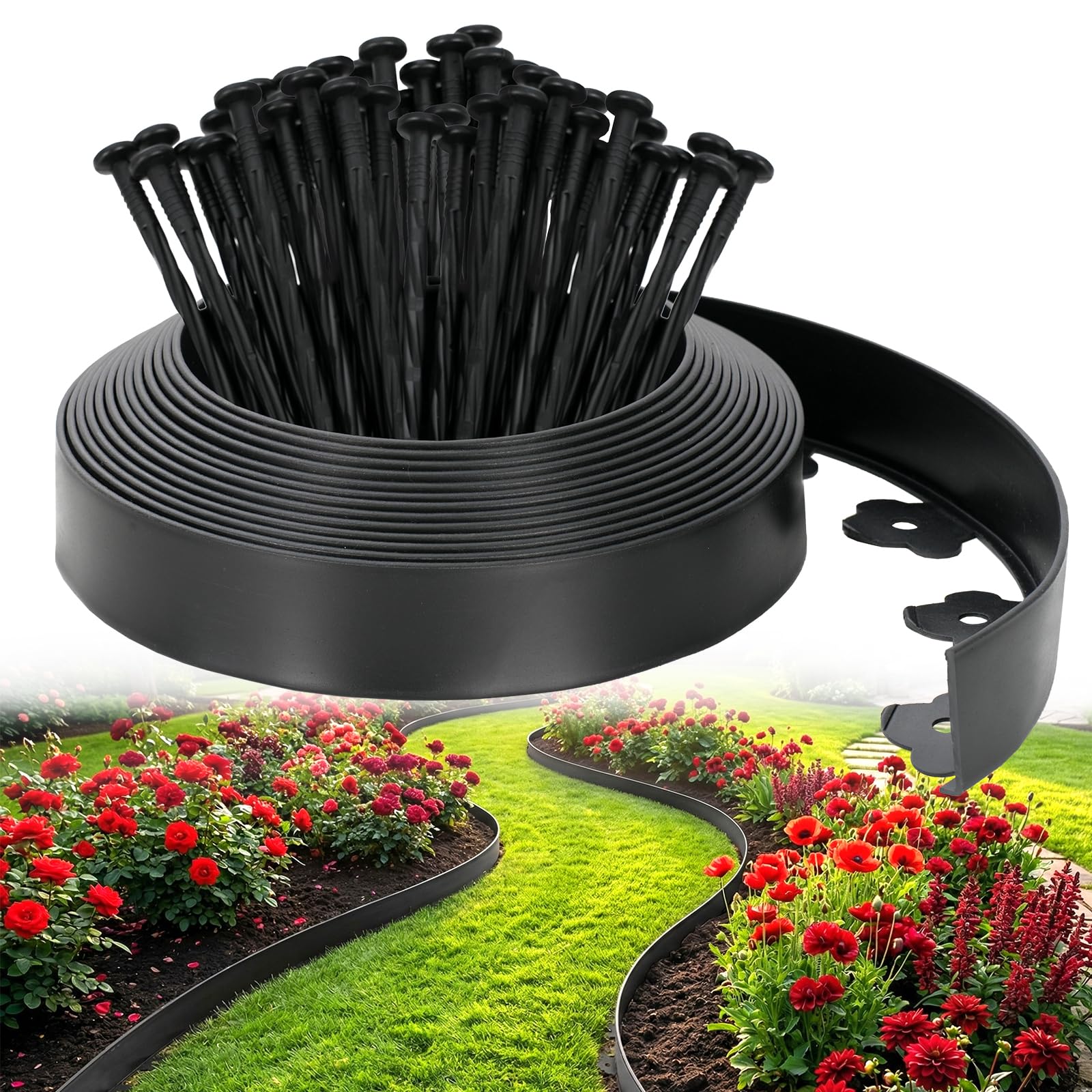 Velway No Dig Landscape Edging Kit 40FT with 60 Spikes Heavy Duty Black