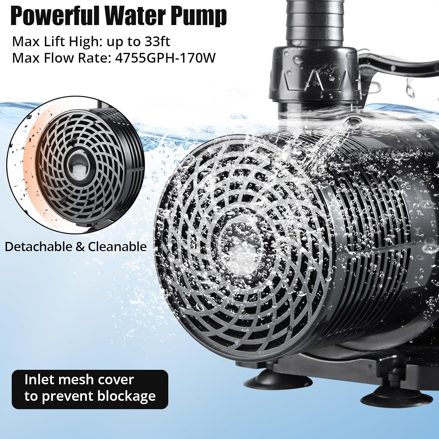 170W 4755 GPH Submersible Water Pump with Adapters, Water Pump 33 FT Lift High for Ponds, Fountains, Waterfalls and Water Circulation, Aquarium Pump Quiet Operation Vertical/Horizontal w/ 16 FT Cord