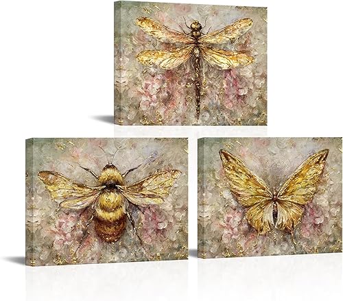 Artmyharbor Lienzo decorativo para pared, diseño de mariposa, abeja, libélula y libélula, imágenes de insectos, hermosas ilustraciones giclée, 3