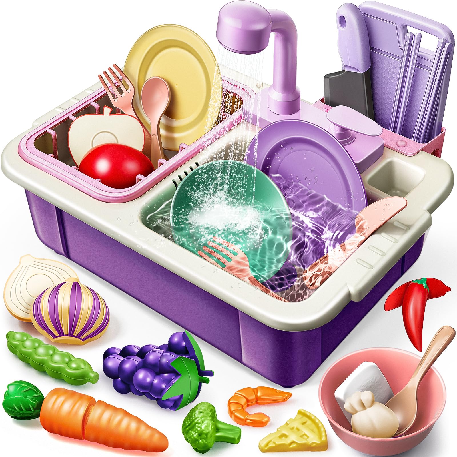 Geyiie Pretend Play Kitchen Sink Toys with Running Water, Upgraded Real Faucet, Dish Rack & Play Cutting Food, Electric Dishwasher Playing Toy with Colorful Accessories for 3 4 5 6 7 Years Old