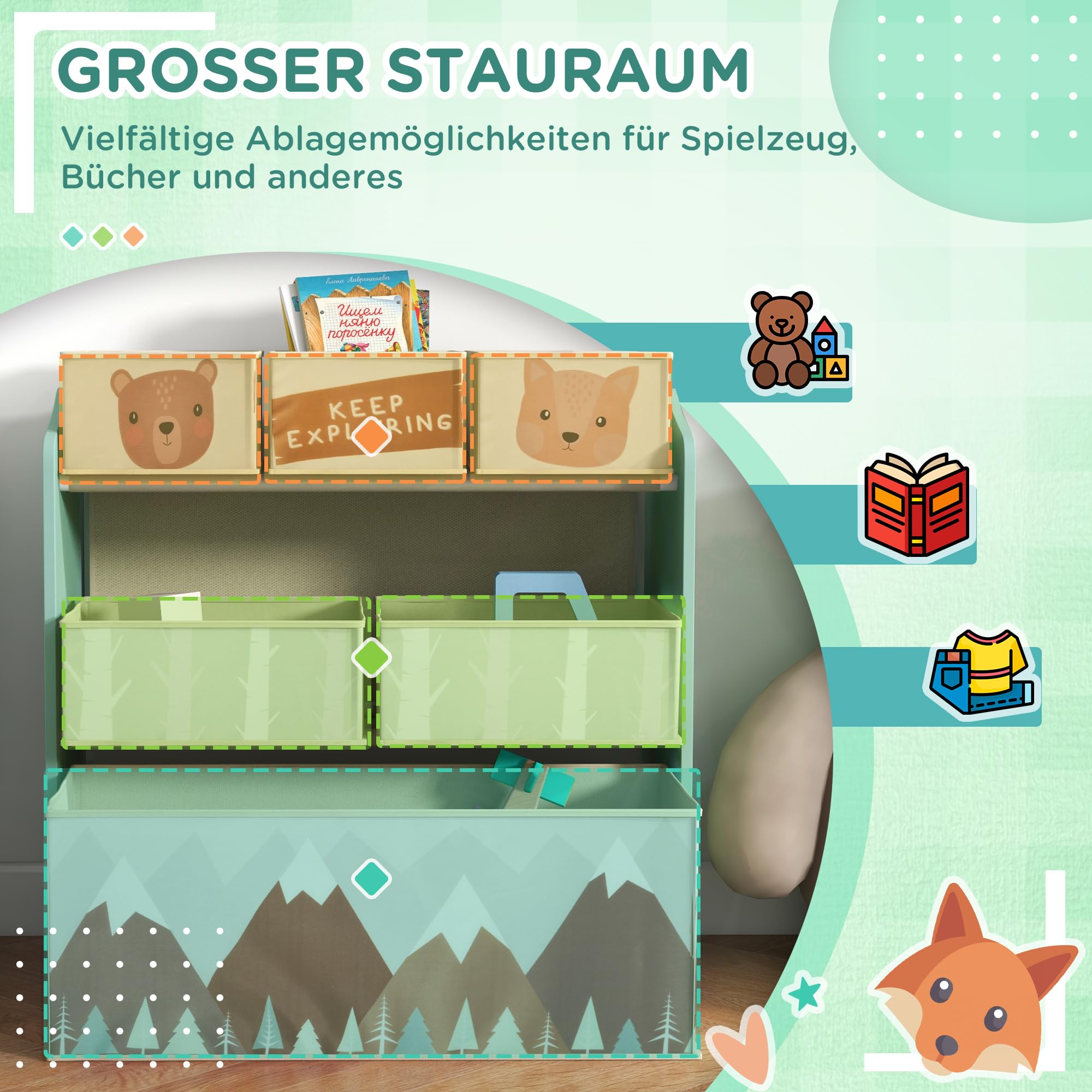 ZONEKIZ Kinderregal, Spielzeugregal mit 6 herausnehmbaren Aufbewahrungsboxen aus Vliesstoff, Bücherregal, Kinderzimmerregal für Kinderzimmer, Kindergarten, Spielzimmer, 63x30x66 cm, Grün