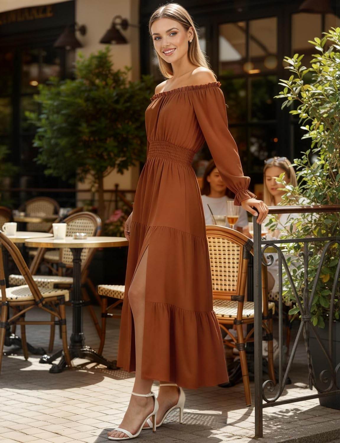 Women's Off Shoulder Boho Dress Long Sleeve High Waist Side Split Flowy Sexy Maxi Dress Wedding Cocktail Casual Dress - Image 5