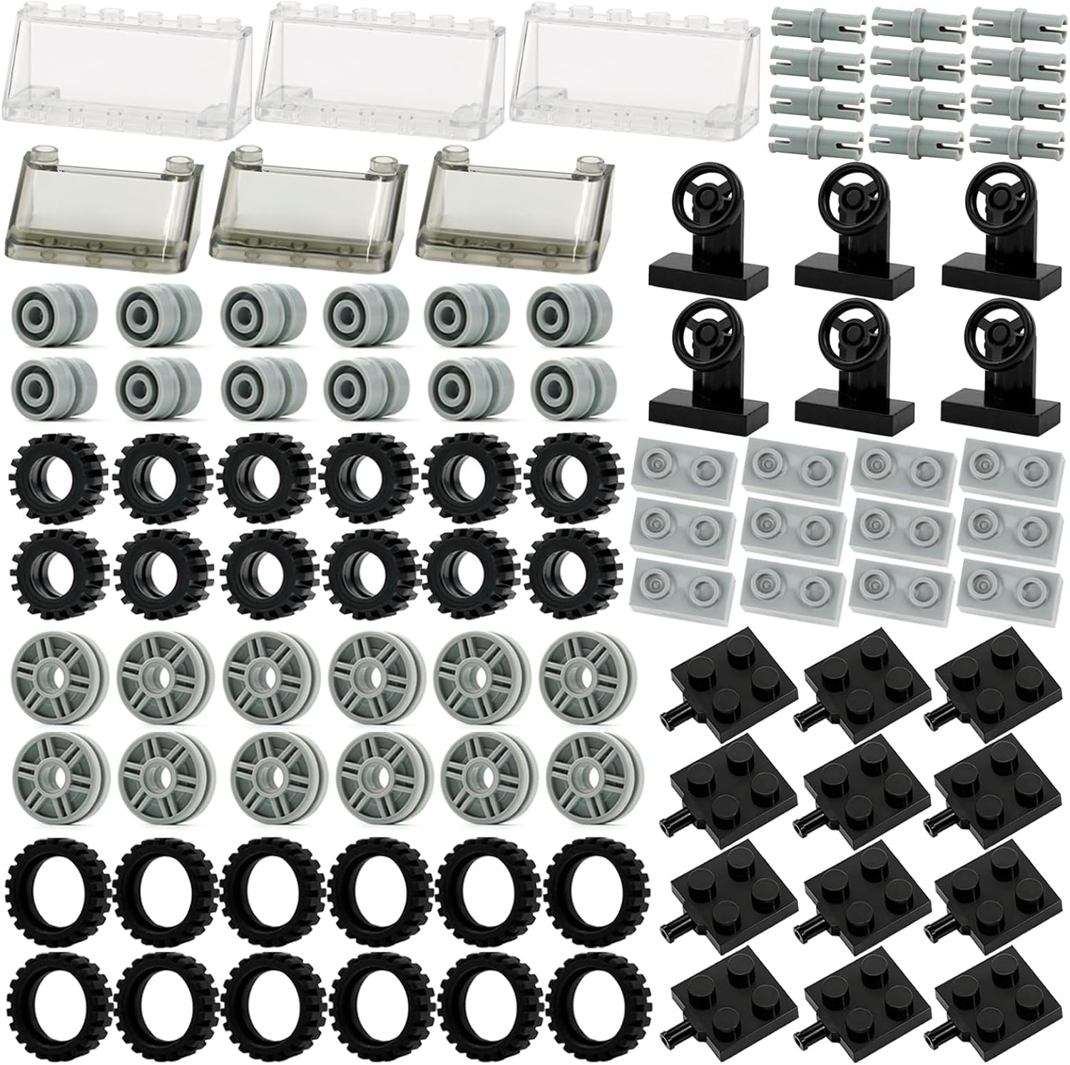 Pamvava Wheels and Axles Sets Tires, 102 Car Parts and Pieces, Windshield Steering Wheel Chassis Bricks Educational Toys