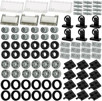 Pamvava Wheels and Axles Sets Tires, 102 Car Parts and Pieces, Windshield Steering Wheel Chassis Bricks Educational Toys