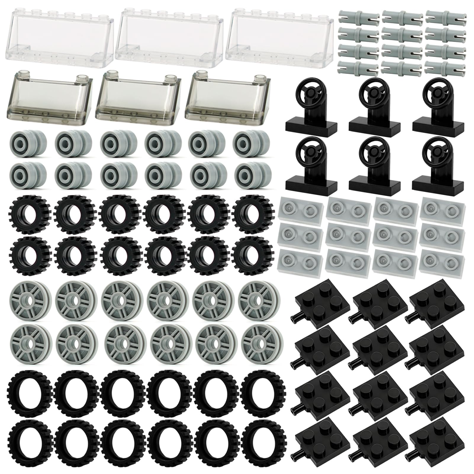 Wheels and Axles Sets Tires, 102 Car Parts and Pieces, Windshield Steering Wheel Chassis Bricks Educational Toys