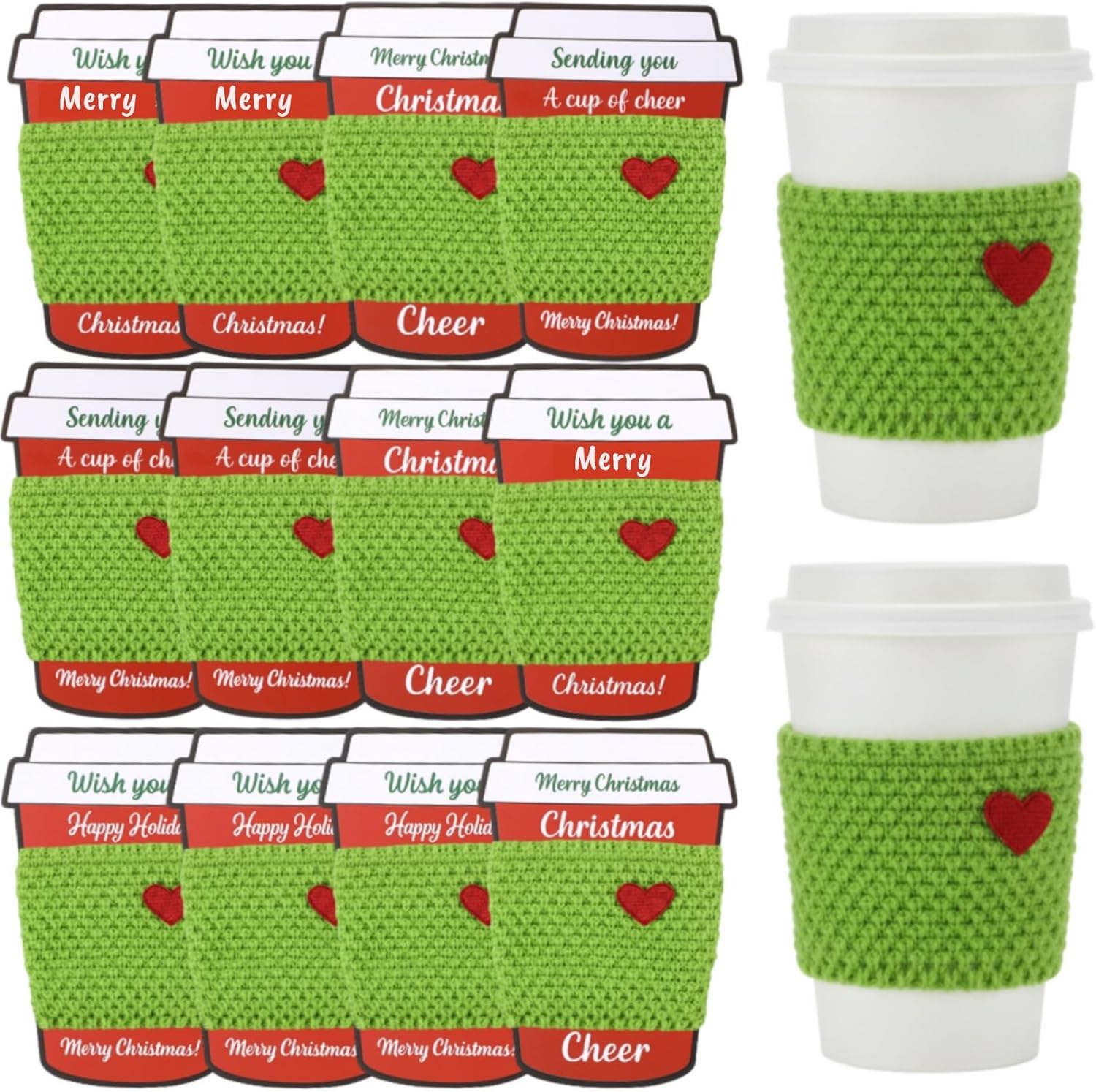 Qinyoung 12 Set Christmas Crochet Coffee Gifts Set Green Reusable Cozy Knitted Cup Warmer Sleeve with Red Coffee Greeting Gift Card Holders for Women Men Teachers Appreciation Christmas Party Favors