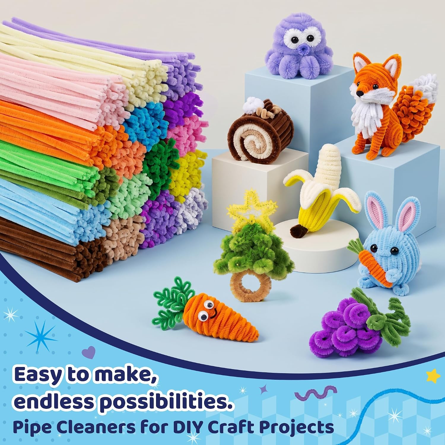 POMBUDS 800PCS Pipe Cleaner Set, 20 Bright Colors, 40 PCS of Each Color, Chenille Stem, 20 Assorted Colors Fuzzy Sticks, DIY Art Supplies for Kids, Classroom Projects & Decorations