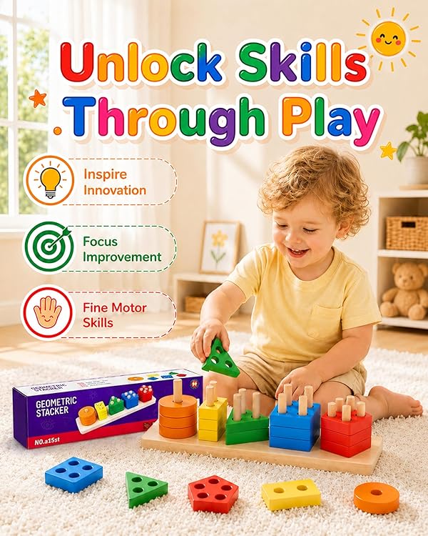 PEBIRA Montessori Toys for 1 to 3-Year-Old Boys Girls Toddlers, Wooden Sorting & Stacking Toys for Toddlers and Kids Preschool, Educational Color Recognition Shape Sorter, Learning Puzzles Gift by PEBIRA - Image 5