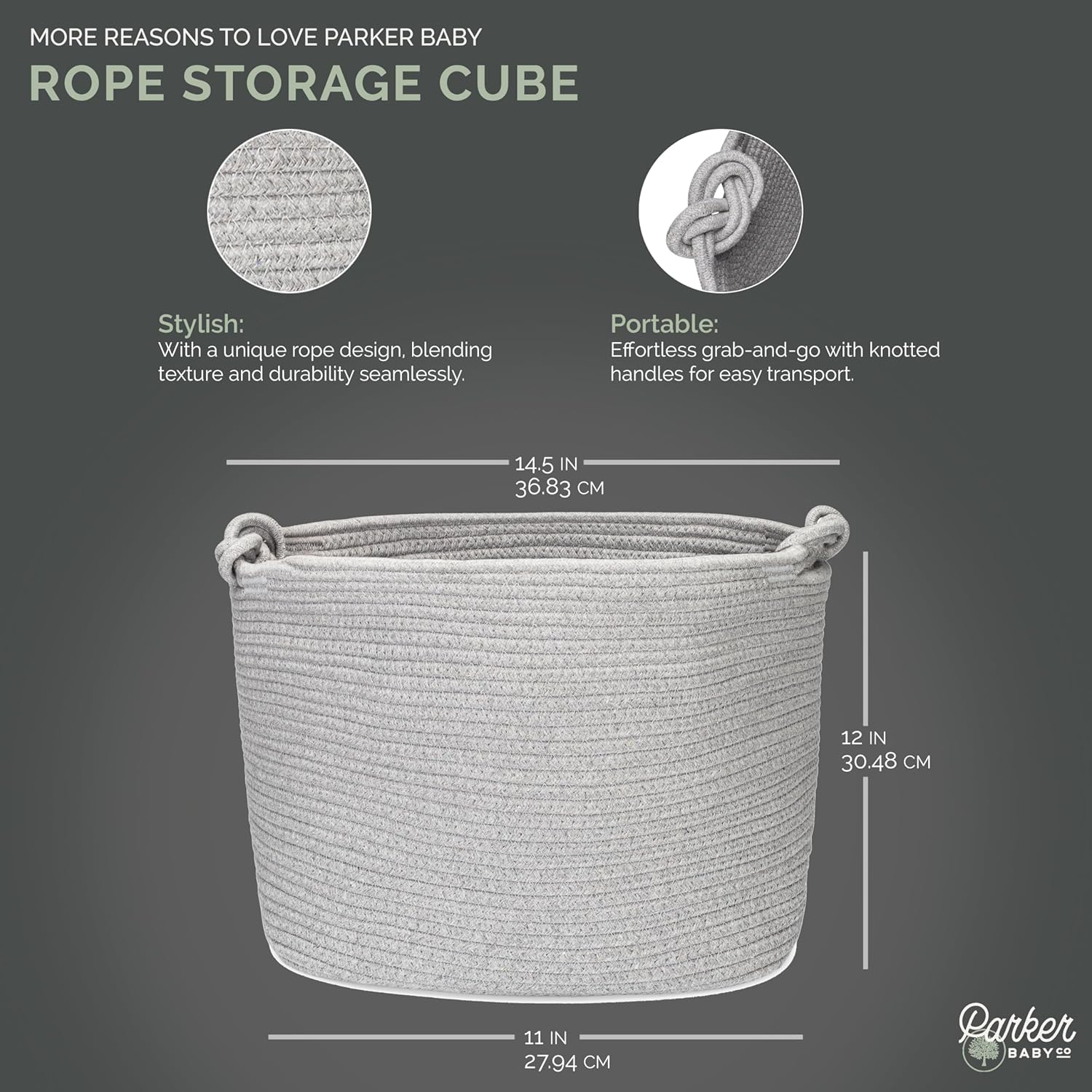 Parker Baby Rope Storage Cube Bin - 11 Inch Nursery Cubby Storage Bin Cubes for Cube Organizer, Closet Organizers and Storage Toy Bin, Rope Baskets Bins for Toys Storage - Gray