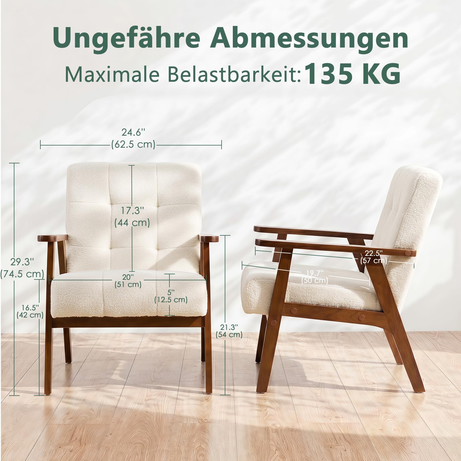 Sessel mit Armlehnen, Loungesessel aus Samt mit Dickem Kissen, Cocktailsessel mit Massiven Holzbeinen, Polstersessel für Wohnzimmer, Schlafzimmer, Aufenthaltsraum, Büro, Elfenbeinweiß