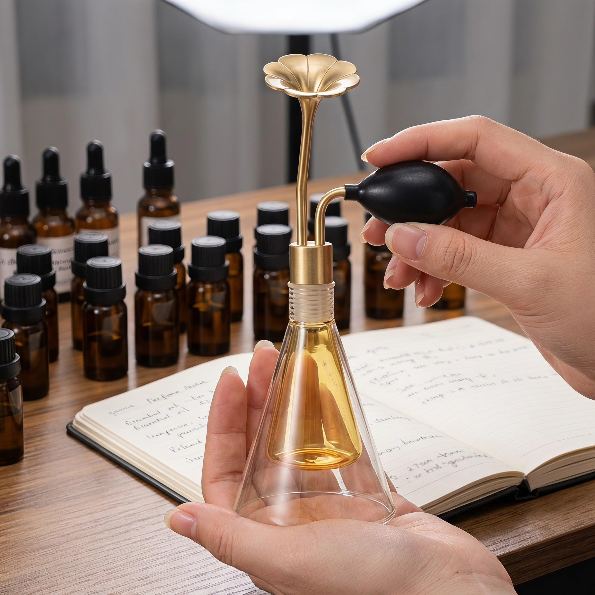 Zerodeko Butelka z atomizerem do perfum z gruszką do wyciskania i mosiężną dyszą kwiatową, 90 ml/3 uncje, napełniany, przezroczysty szklany atomizer do wąchania zapachów, SPA i próbkowania w salonie