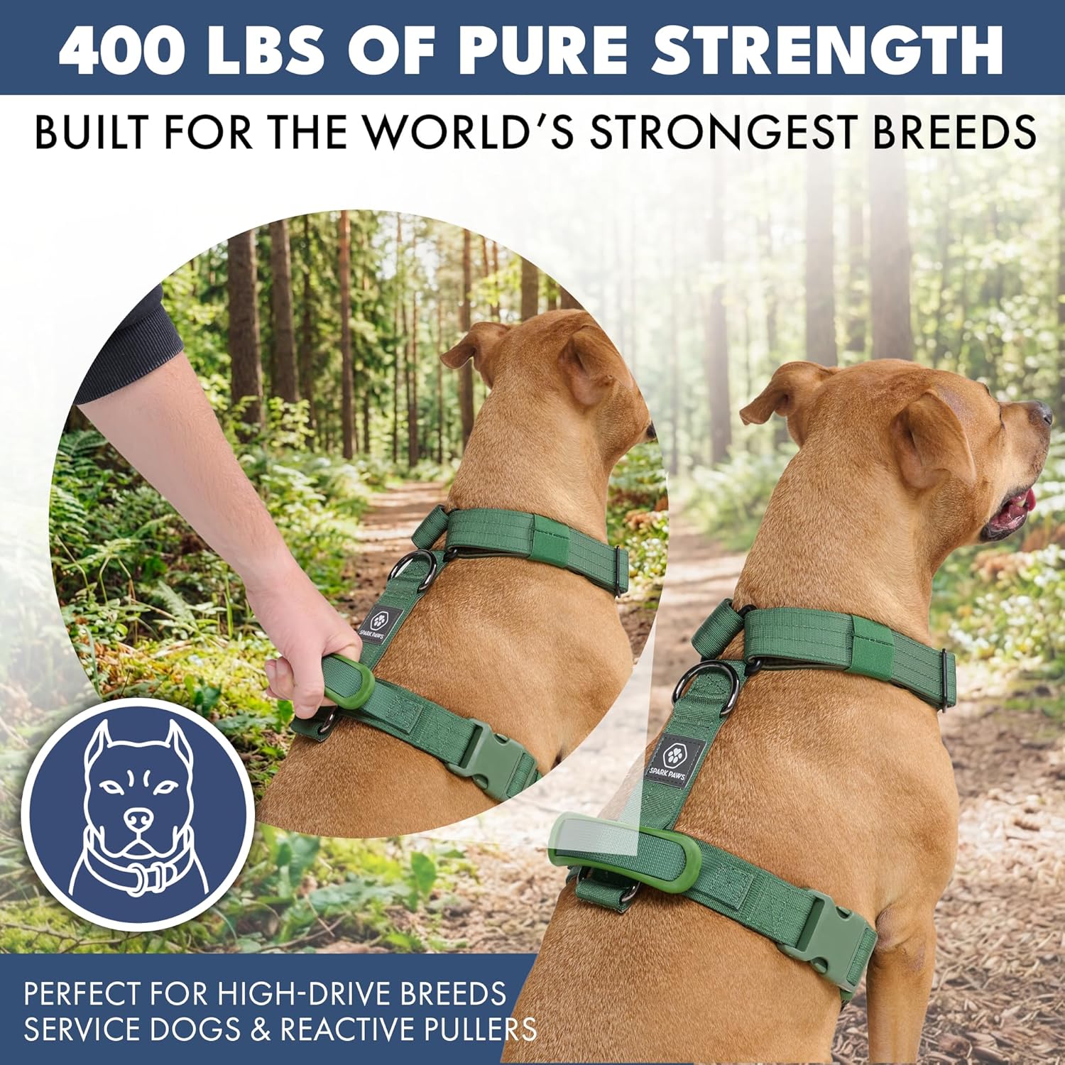 Spark Paws No Pull Dog Harness with Handle for Large Dogs, Heavy Duty Dog Harness for Big Strong Breeds, Adjustable, Y Shaped Padded Halter Design with Front Clip - Army Green - S