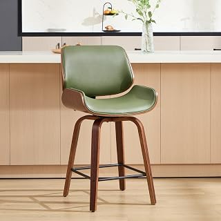 Swivel Bar Stools Set of 1,24" Upholstered Faux Leather Barstools,Mid Century Modern Counter Height Barstools with Walnut Bentwood Back & Legs,Bar Chairs for Kitchen Island Counter Bar Green