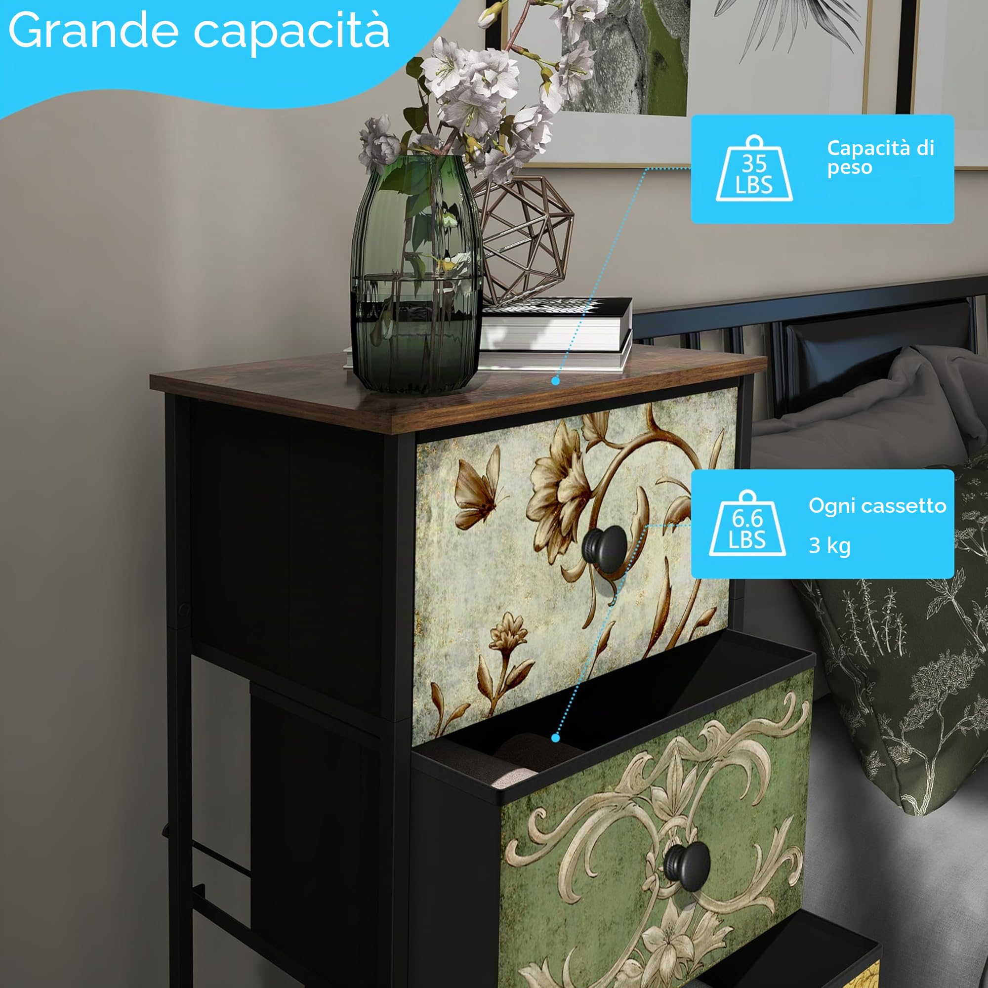 VEDECASA Cassettiera con 5 cassetti in tessuto alto e stretto, armadio da toeletta bohémien, armadio per camera da letto, armadio industriale per soggiorno, camera dei bambini, corridoio