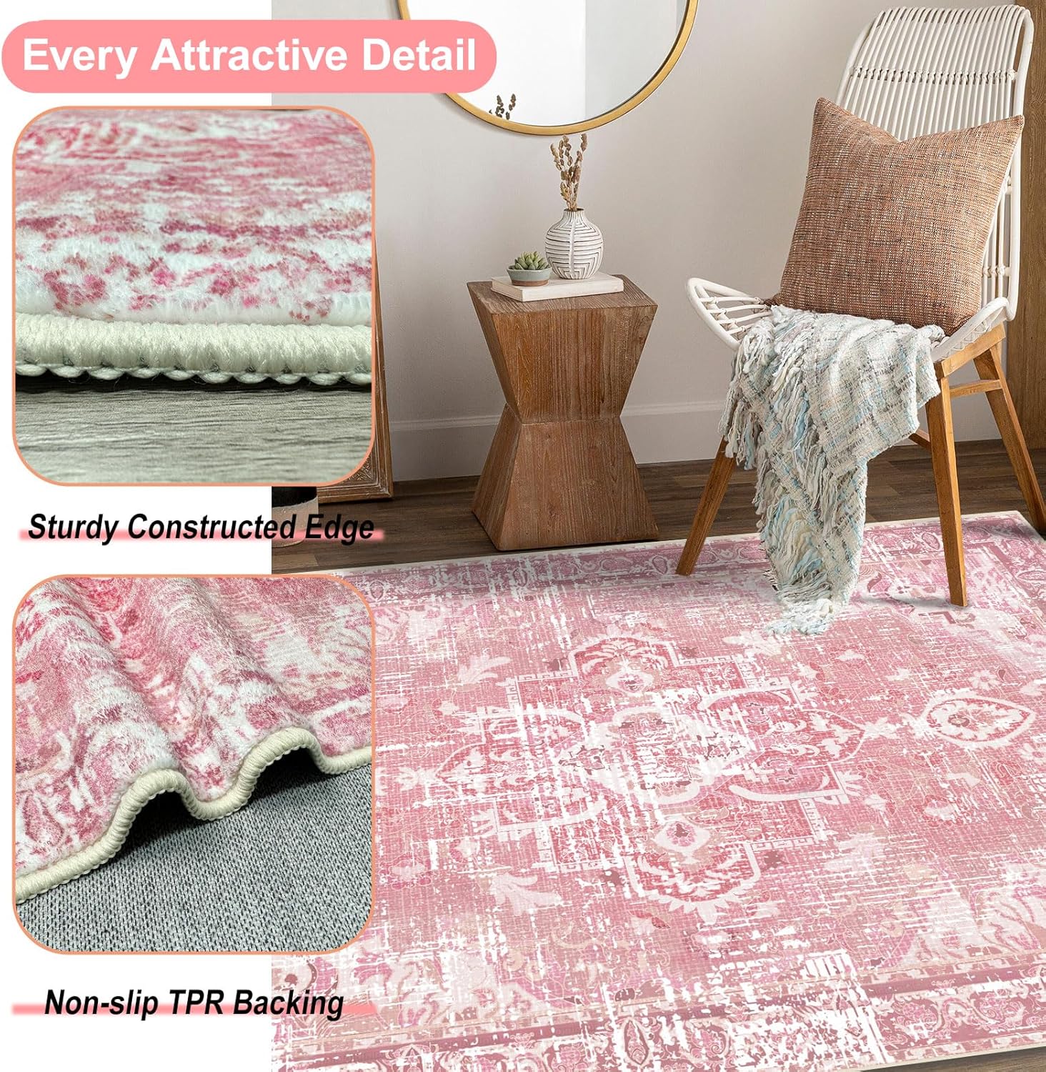 Washable Boho Vintage Area Rugs 5×7 Traditional Hot Pink Large Carpet for Girls'Room Living Room Bedroom Dining Room Farmhouse Non-Slip