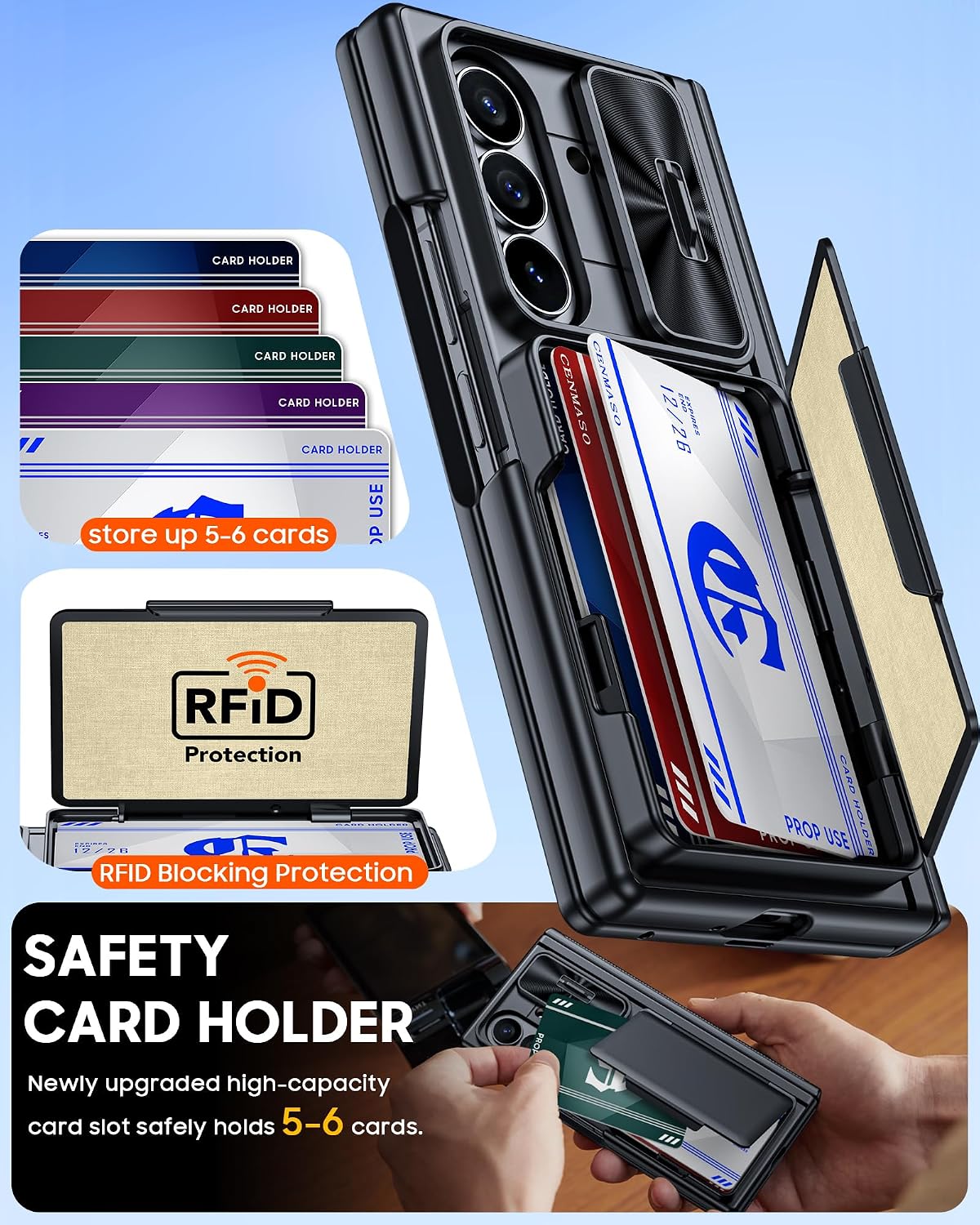 ENMASO for Samsung Galaxy Z Fold 7 ase with ard Holder [RFID Bloking] amera over, Hinge Protetion, Hidden Kikstand, Sreen Protetor, Slim Shokproof Phone ase for Galaxy Z Fold 7-Blak thumbnail
