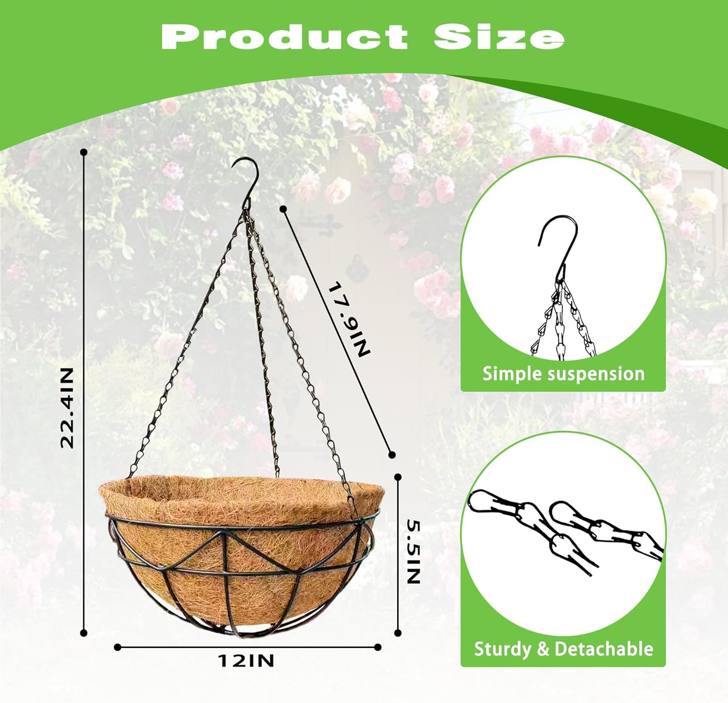 2 Pack 12 Inch Black Metal Hanging Basket Hanging Planter with Coco Coir Liner Heavy Duty Hanging Flower Pot Holder for Indoor Outdoor Patio Garden Porch Balcony Decor (Geometric)