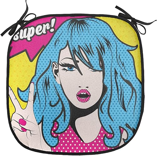 Lunarable Cojín retro para silla, mujer con cabello, letrero de victoria con burbujas de discurso, inspirado en arte pop, acolchado de asiento para