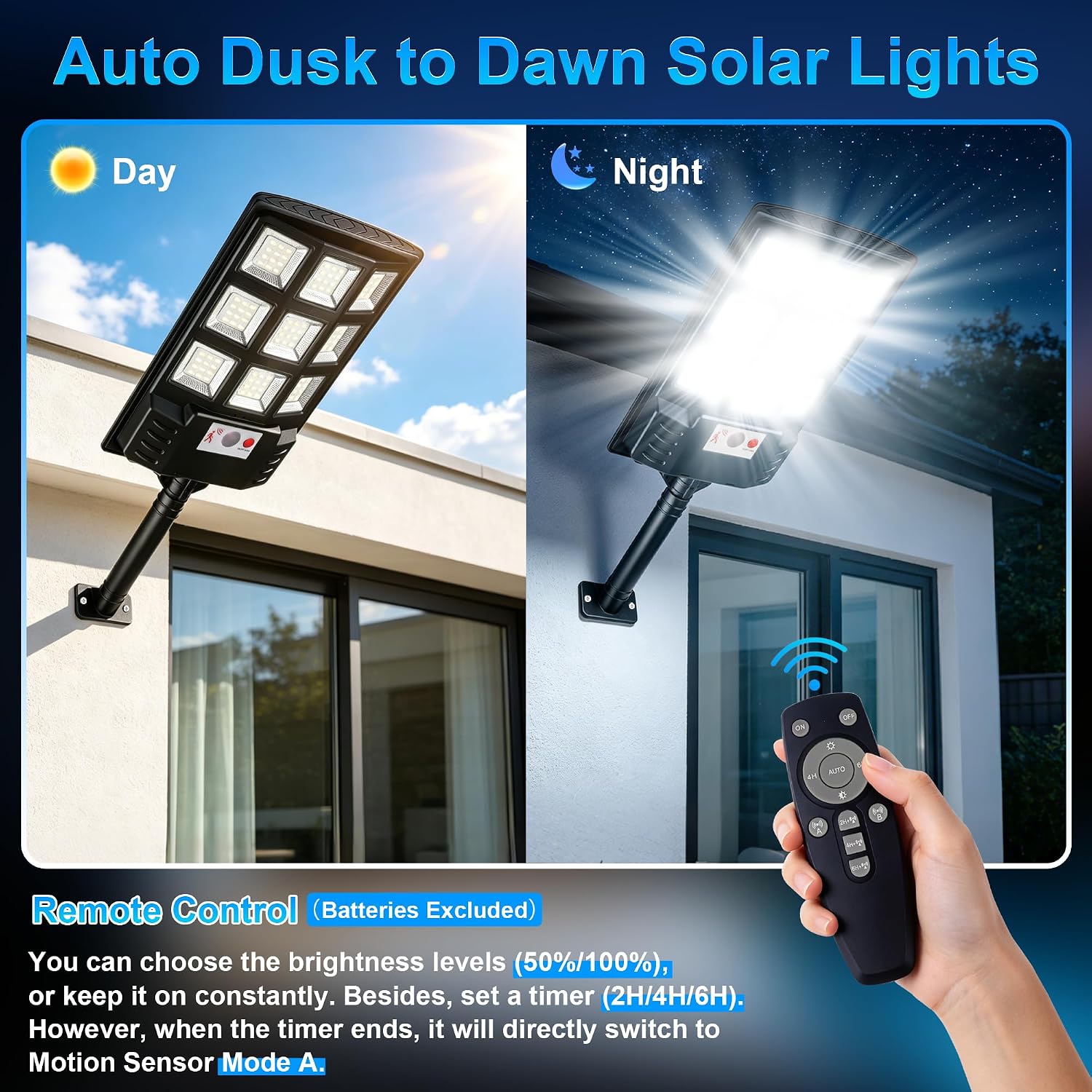 Akynite 2-Pack Solar Lights Outdoor, 5400LM 108LEDs IP66 Waterproof Solar Street Lights Outdoor, 6500K LED Dusk to Dawn Security Flood Light with Motion Sensor and Remote Control for Yard,Parking Lot