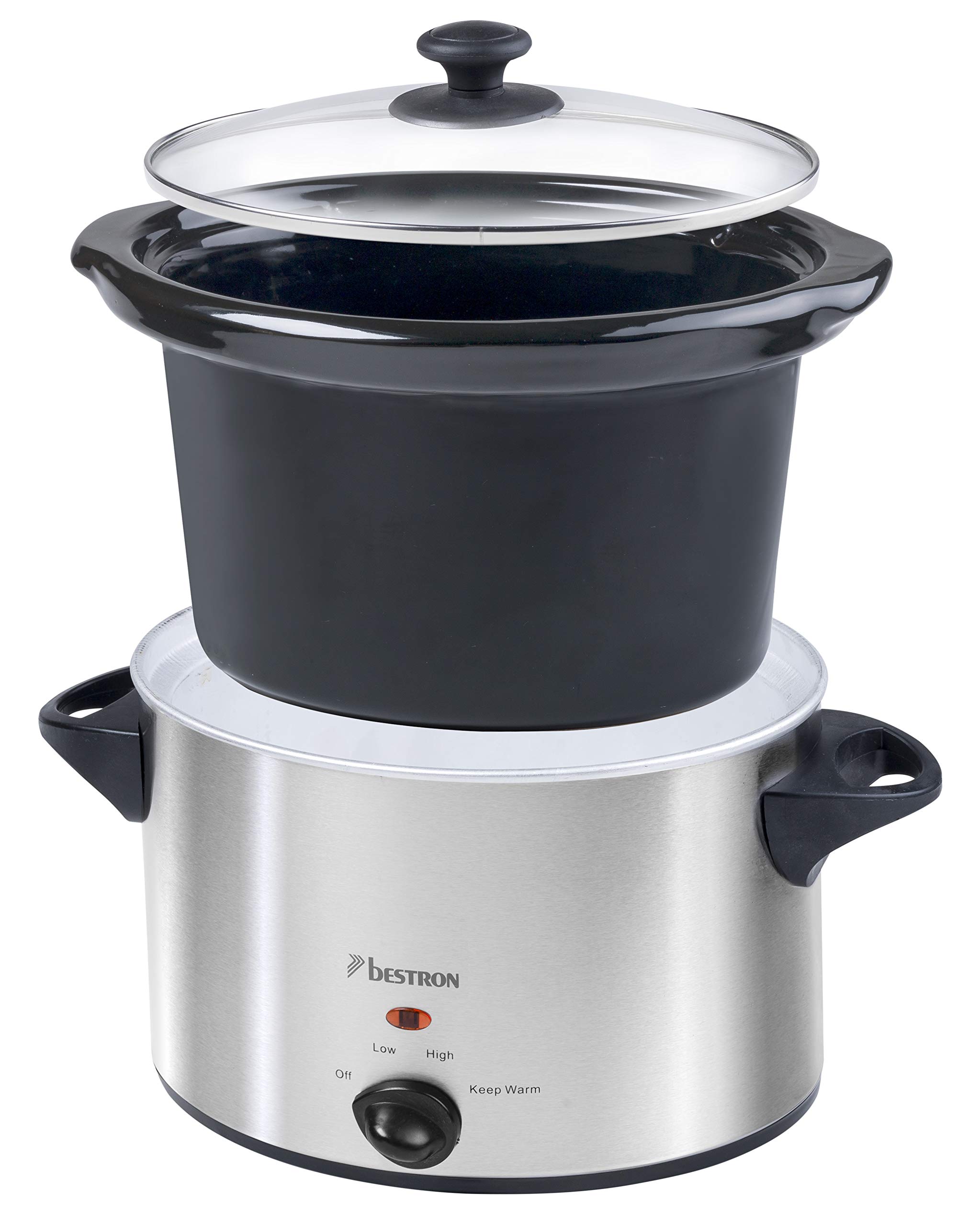 Bestron Olla de Cocción Lenta de Cerámica y Tapa de Vidrio, 3,5 Litros, 180 Vatios, Acero Inoxidable