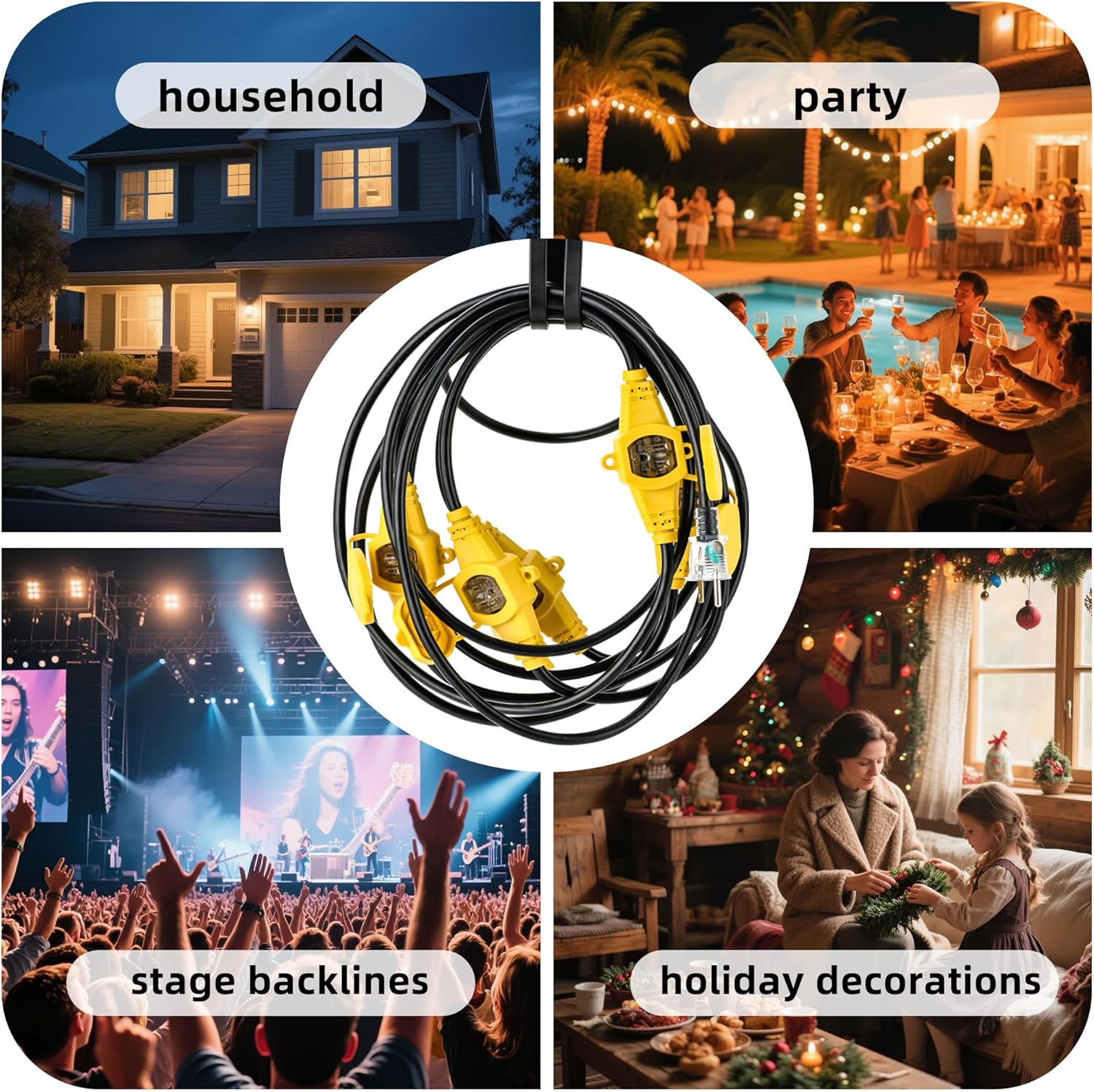 Outdoor Extension Cord 25 FT, Evenly Spaced 5 Outlets Plugs, 3/14 AWG Weatherproof Multiple Outlets Wire for Landscaping Light, Holiday Decoration and Christmas, ETL Listed, Black