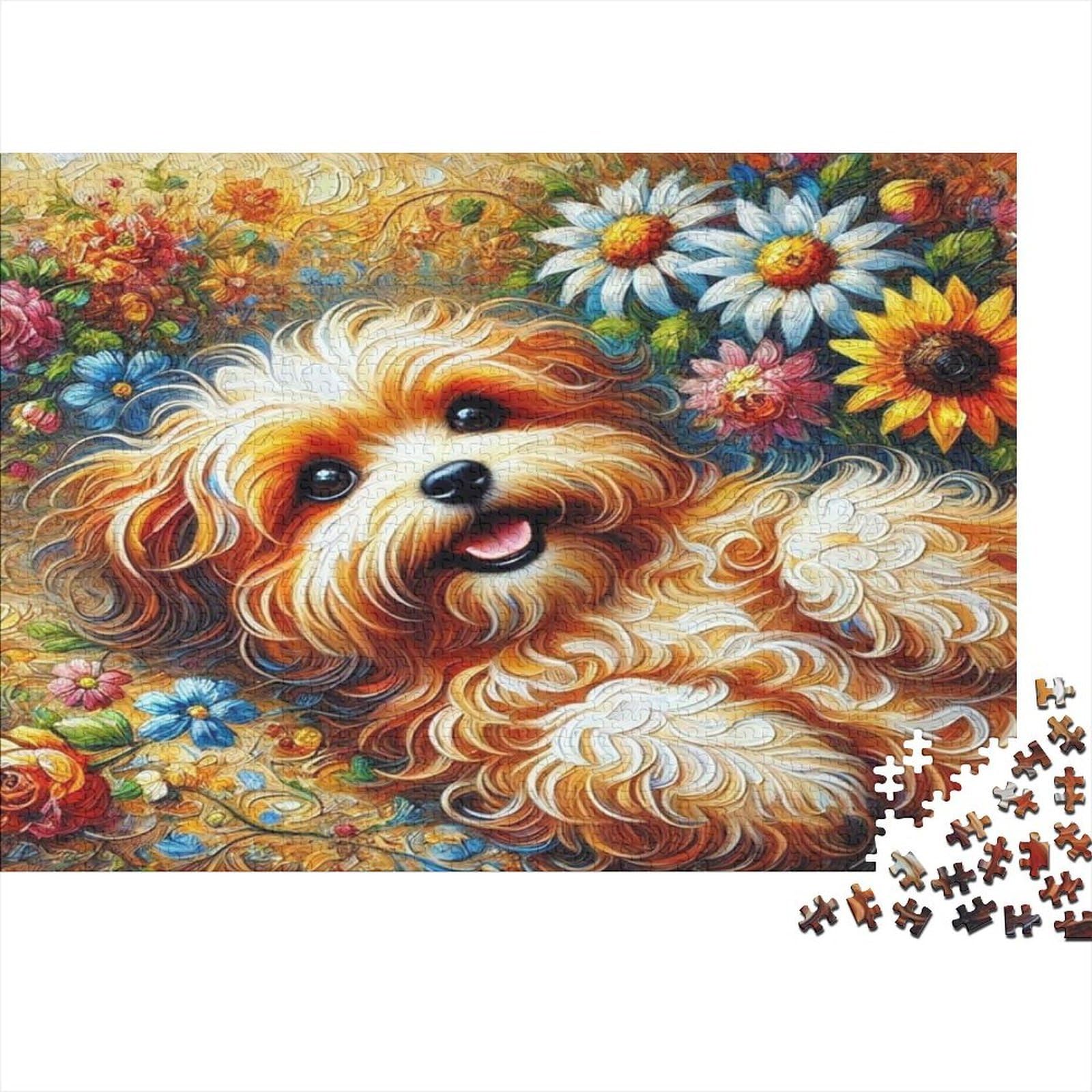 Fluffy Dog Flowers 1000 Pieces Jigsaw Eco-Friendly Jigsaw Unique Cute Puppy Educational Game for Adults And Kids 14+ 70x50cm/1000pcs — image 1